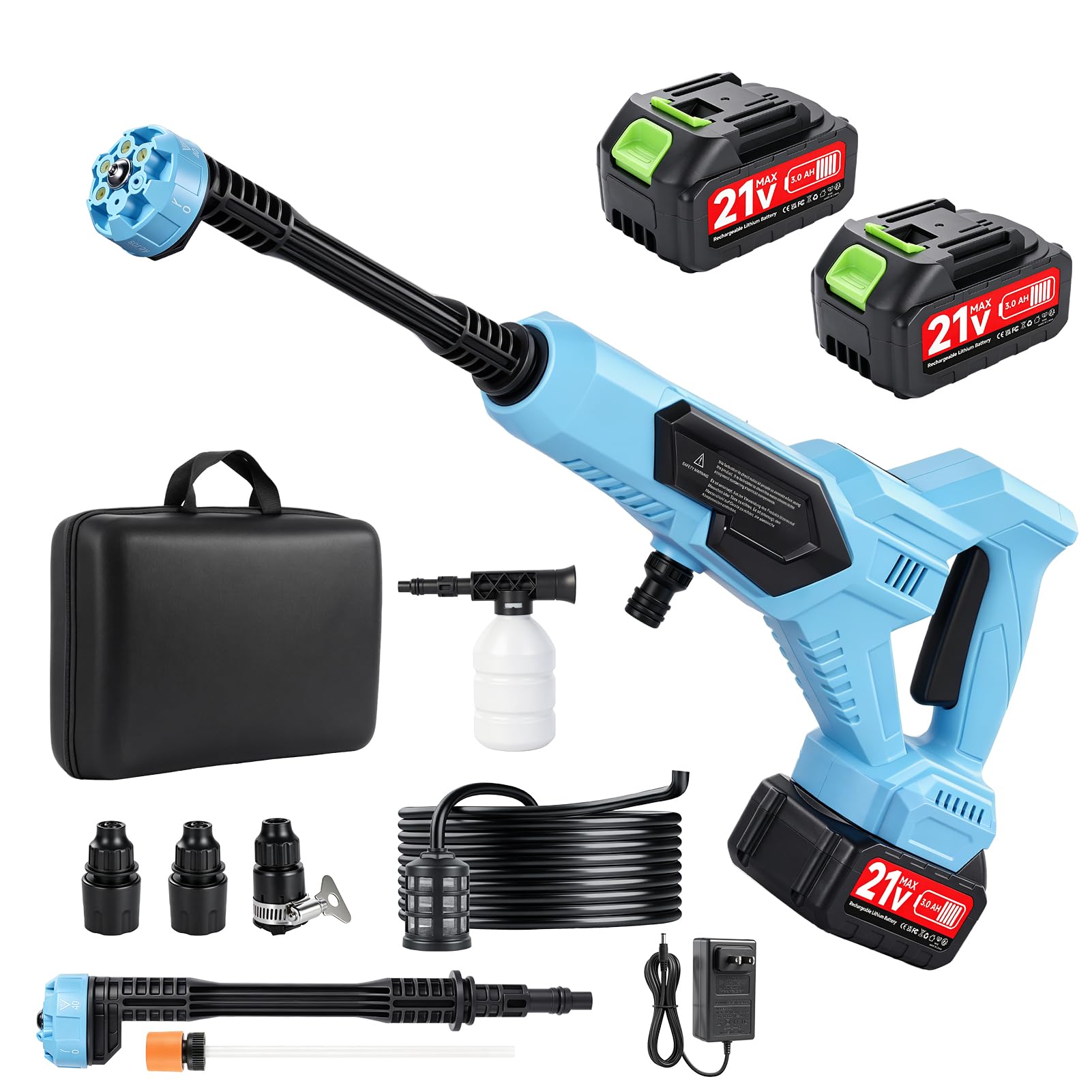 Pressure Washer Cordless,21V Portable Jet Washer Cordless, 120Bar/1700 PSI High Power Machine With 6-in-1 Adjustable Nozzle/ 5M Hose for Washing Cars,Floor,Garden,with 2*Battery With box (Blue)