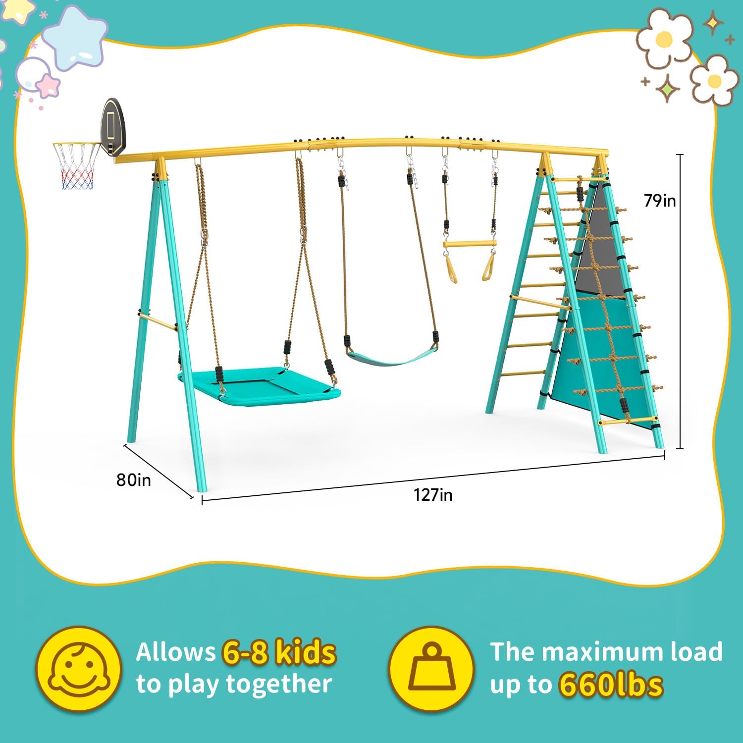 Jocoevol Swing Set for Backyard, Heavy-Duty Metal Swing Sets for Kids with 2 Swings, Climbing Ladder and Nets,Trapeze Bar, Soccer Goals and Basketball Hoop Up to 660lbs