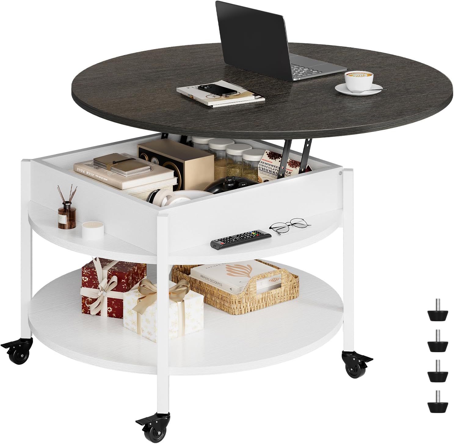 FABATO Round Lift Top Coffee Table with Wheels, Circle Center Table with Storage and Compartment, 26.77’’ Rolling Coffee Tables for Living Room, 2 Tier Small Coffee Table Circle Dining Table, White