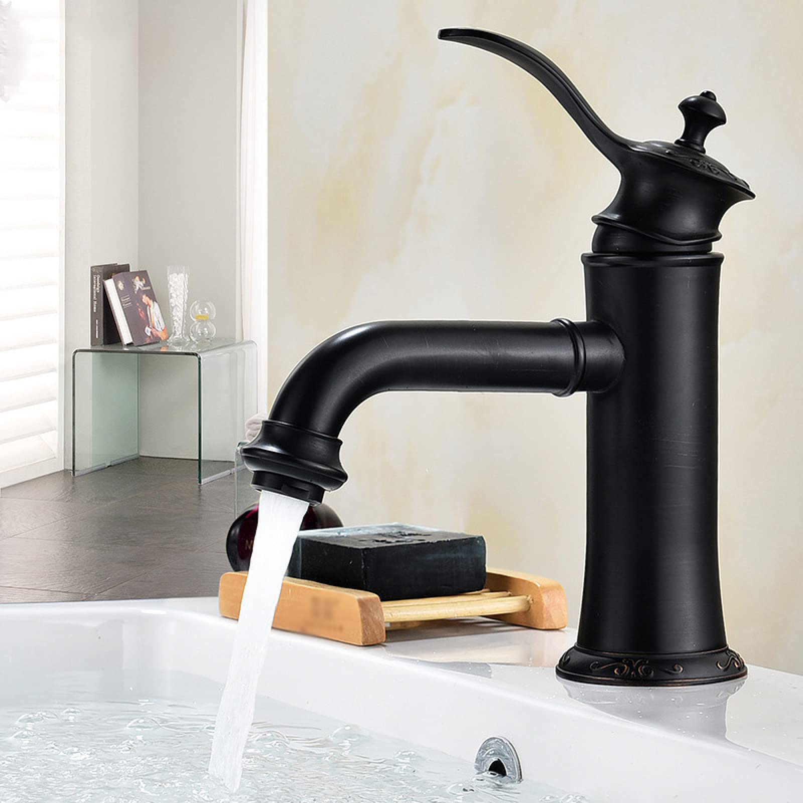 Grifo De Lavabo Vintage Monomando - Estilo Retro Negro Con Cerámica Azul-Blanco - Latón Cepillado Y Manguera Flexible