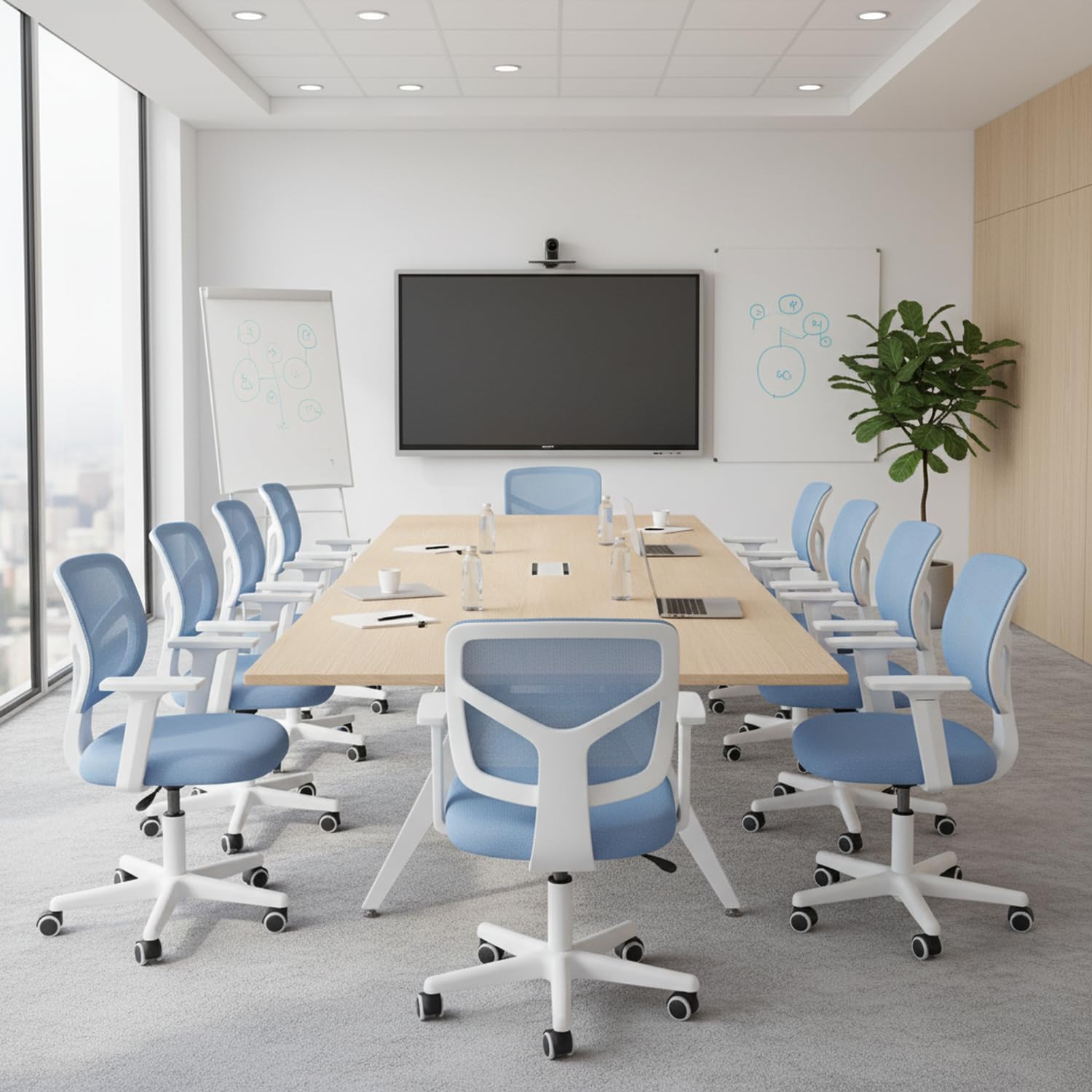 HOMYLIN Chaise de salle de réunion ergonomique, élégante chaise réglable en hauteur avec roulettes pour bureau, salle de conférence, bleu
