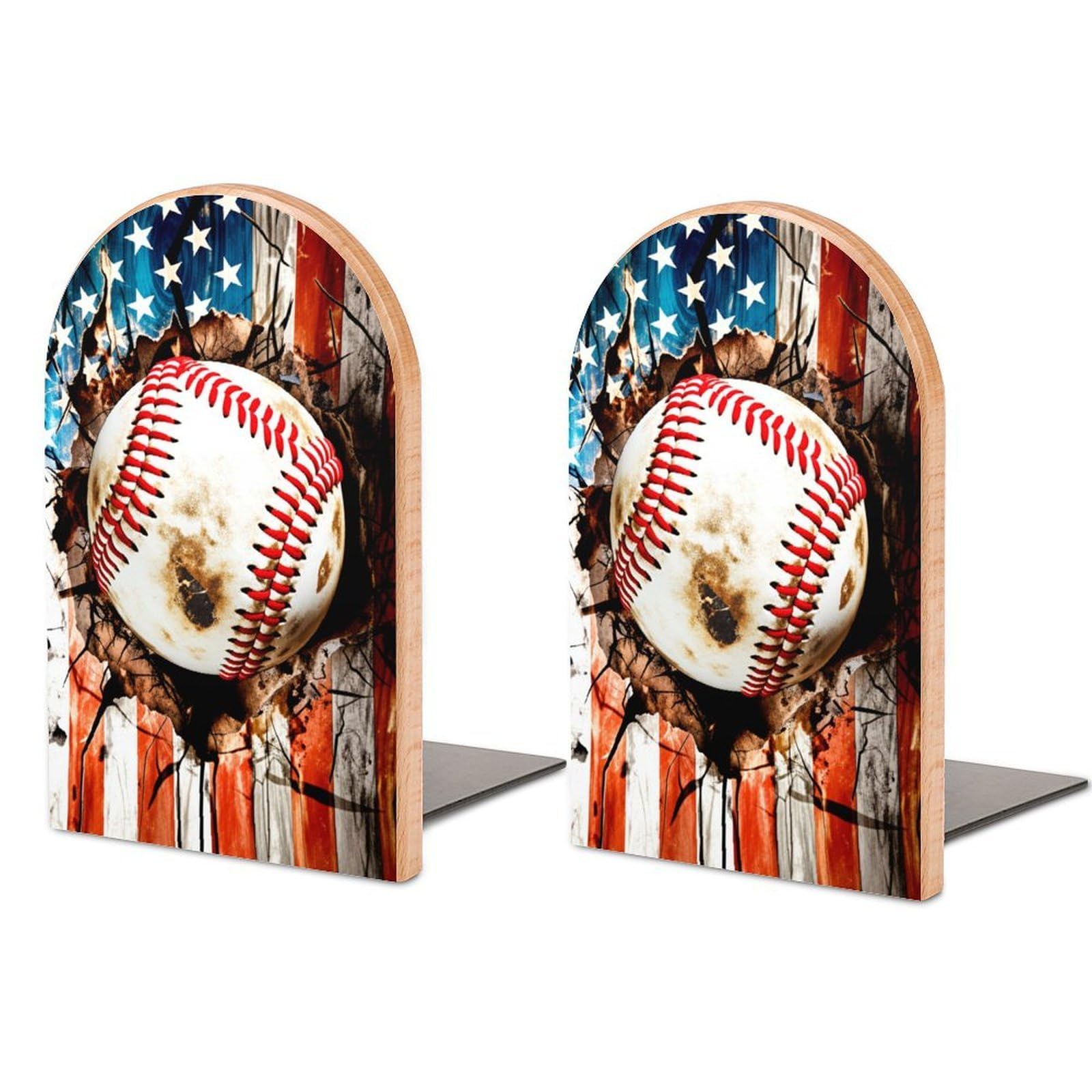 Baseball Solid Beech Wood Bookends, Decorative Book Ends for Shelves, Non-Skid Desktop Book Organizer for Home Office, Library Decor (1 Pair, 4.7" X 6.7")