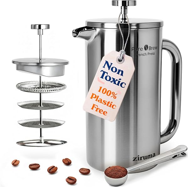 Ziruma Non-Toxic French Press, Surgical Stainless Steel Coffee Press, Plastic-Free, Heavy Metal-Free, No Endocrine Disru