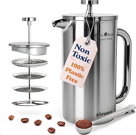 Ziruma Non-Toxic French Press, Surgical Stainless Steel Coffee Press, Plastic-Free,