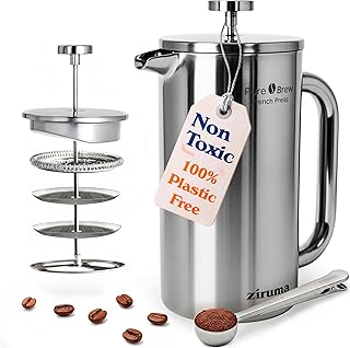 Ziruma Non-Toxic French Press, Surgical Stainless Steel Coffee Press, Plastic-Free, Heavy Metal-Free, No Endocrine Disruptors, 34 Oz, Double Wall, 4-Layer Filter, Portable Coffee Maker