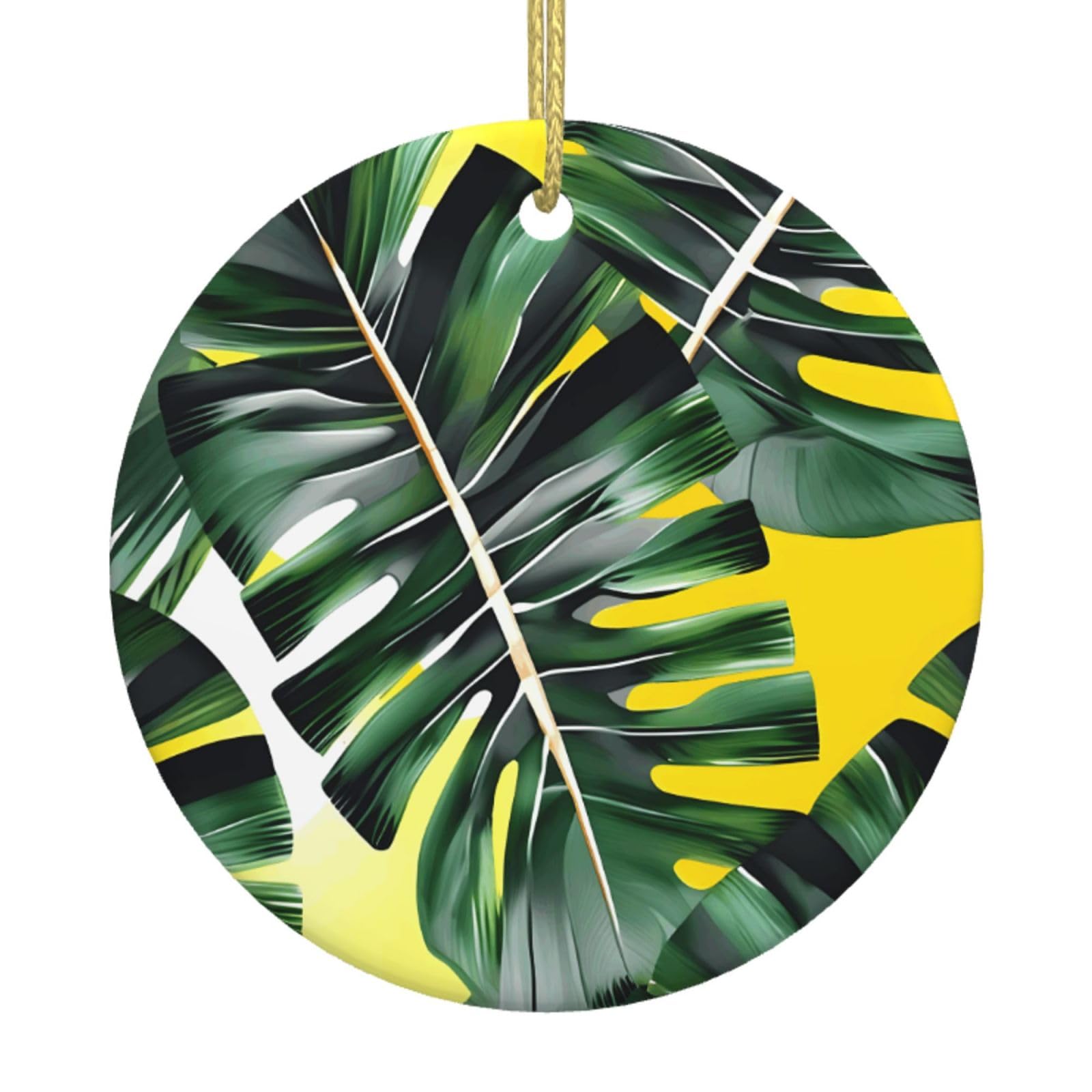 Tropical Banana Palm Leaves Print Christmas Ornaments, Ceramic Hanging Ornament, Round Shape Decorations
