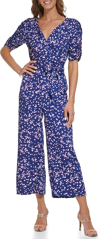 DKNY Womens Ruched Sleeve Wide Cropped Leg Jumpsuit