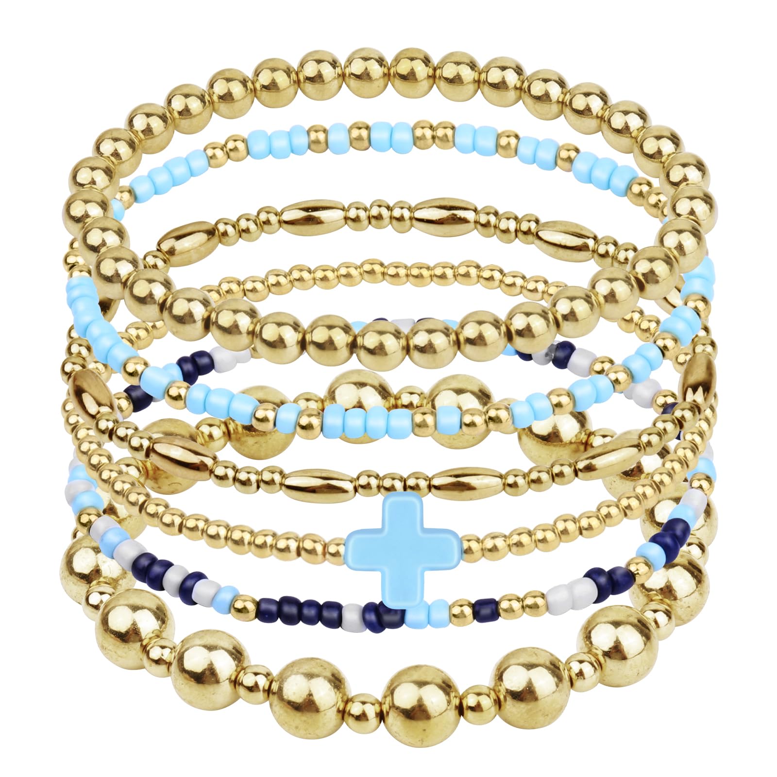 CARITATE Gold Bracelets for Women Waterproof, 14K Gold Plated Beaded Cross Bracelets Set,Boho Stretch Bracelets Stackable Jewelry for Women Teenage