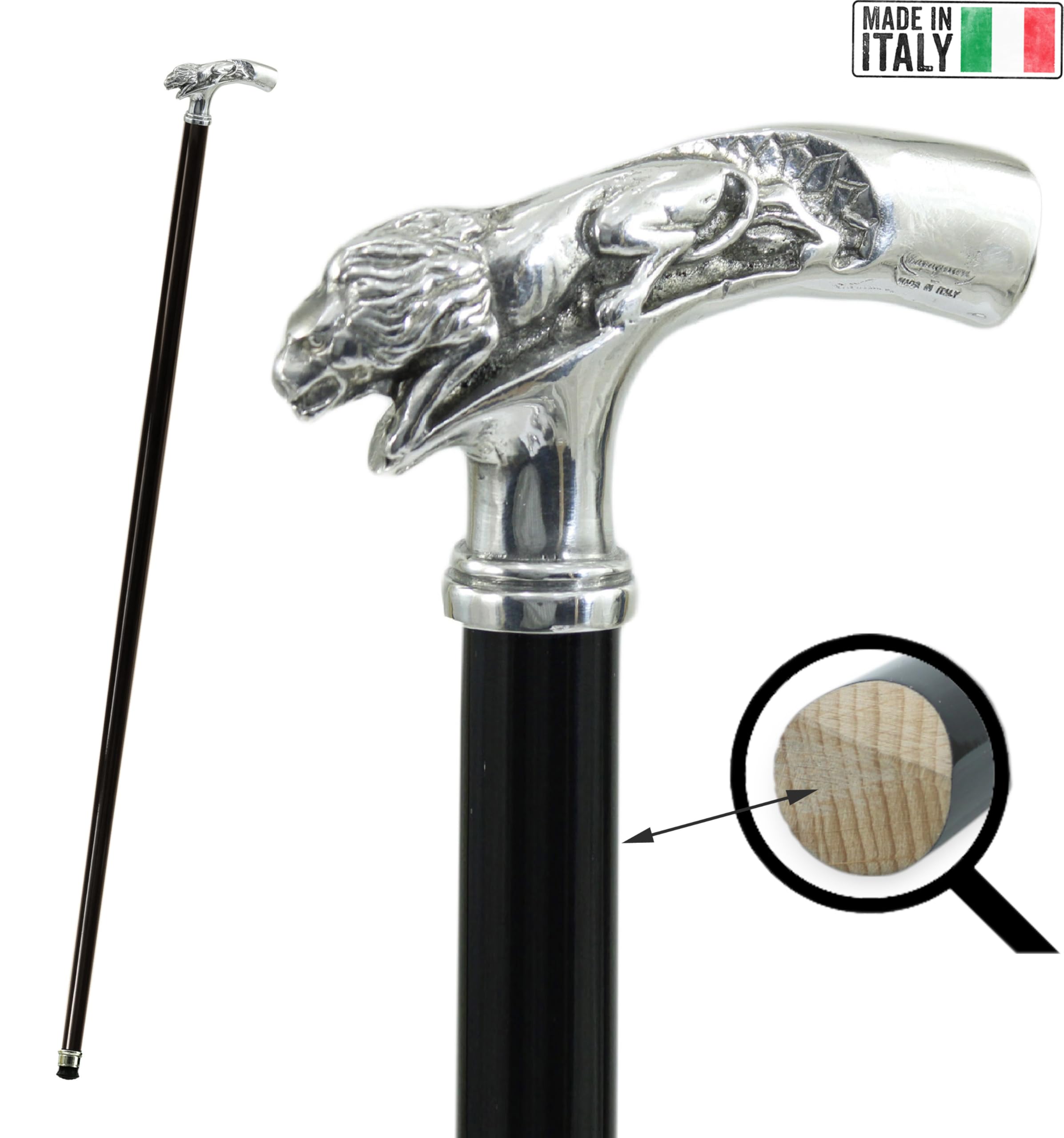 León. Bastón de madera de haya y peltre. Producto artesanal.