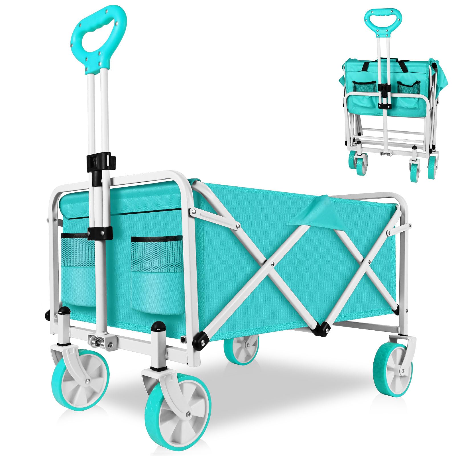 Collapsible Garden Wagon Cart, Large Capacity Beach Cart with All-Terrain Wheels, Heavy Duty Folding Wagon Portable for Shopping, Sports, Camping, Garden, Grocery (Green)