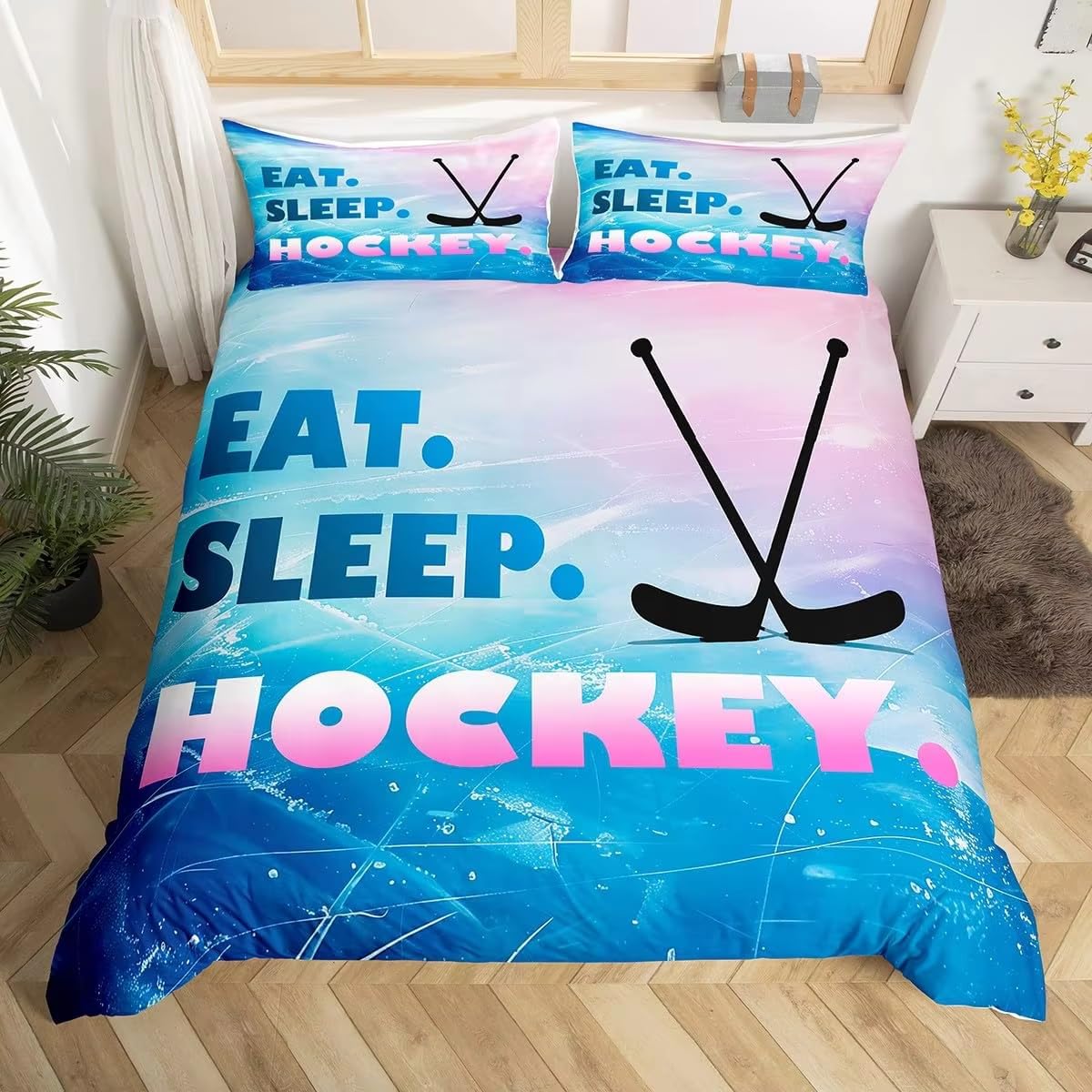 Housse de couette 200x200 hockey sur glace en microfibre douce avec 2 taies d'oreiller