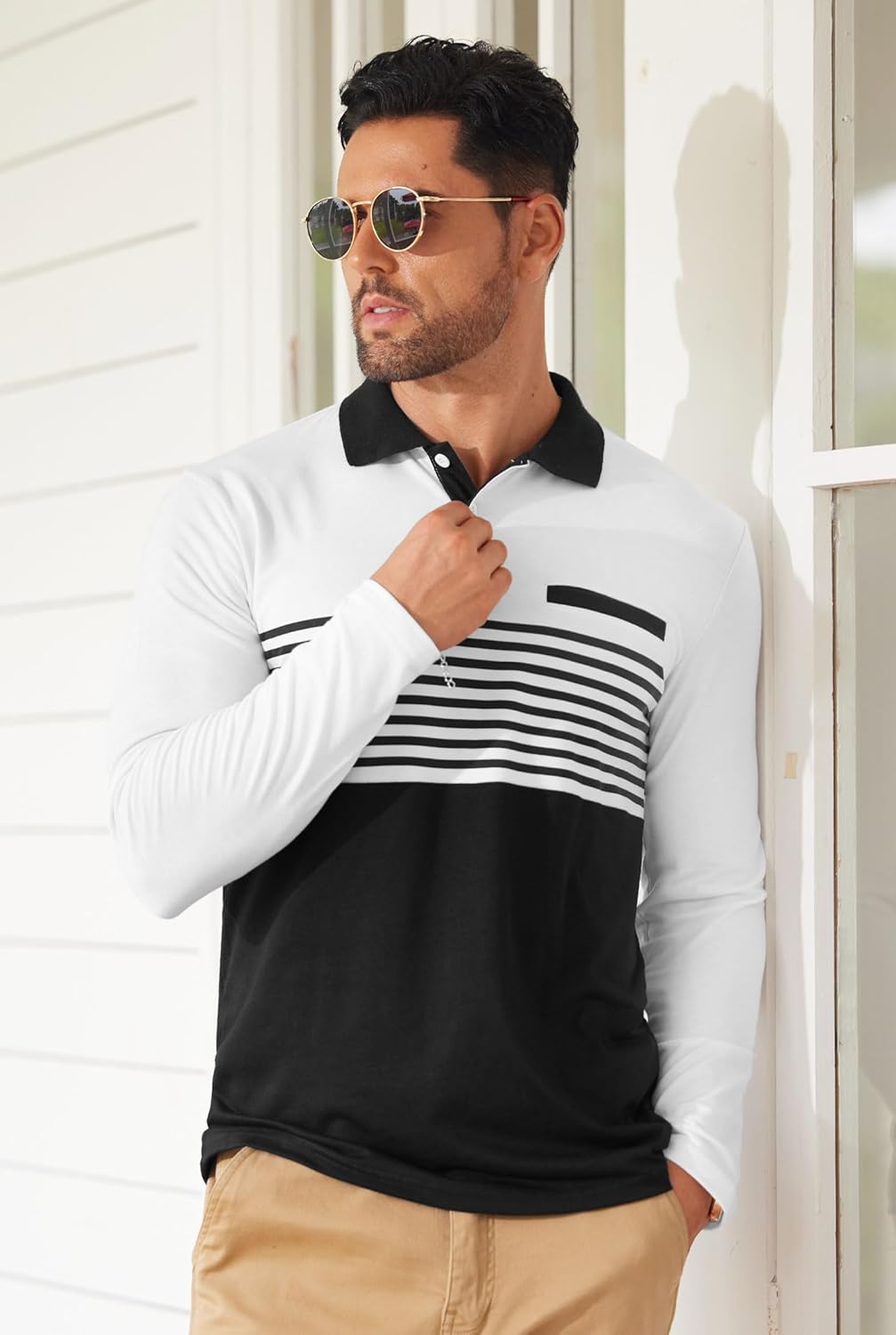 VOGSTART Mens Striped Golf Polo Shirts Color Block Long Sleeve Casual Shirt (S-XXL) - Image 7