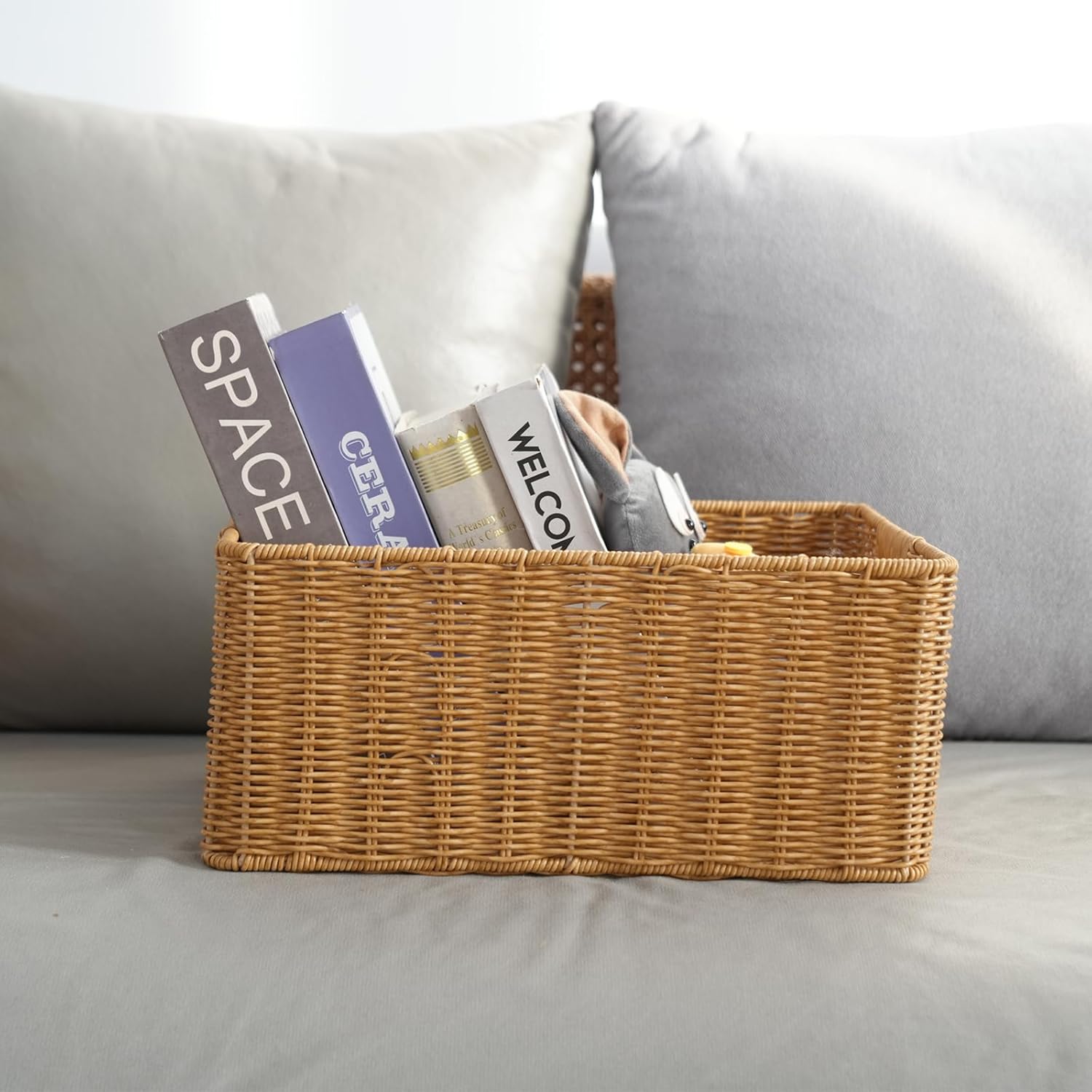 YRMT Rattan Storage Basket Pantry Basket with Built-in Handles Wicker Basket for Organizing Shelves Waterproof Woven Basket Nature (14"x10"x6.3")