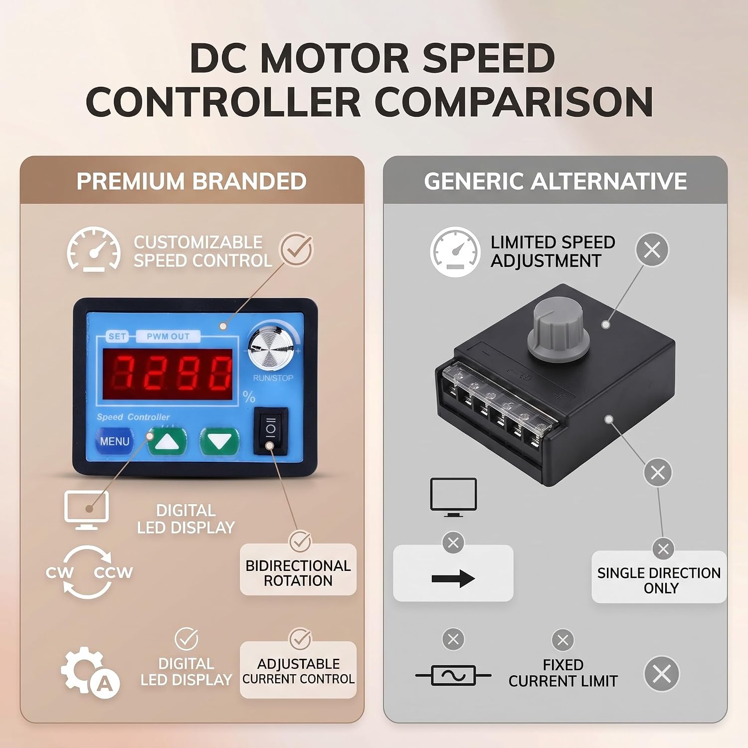 PWM Brushed Motor Speed Controller Digital Display Adjustable 6-55V 20A, Customizable Speed Control