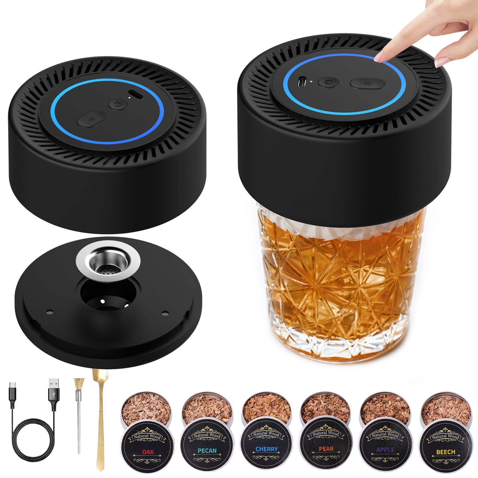 Electric Whiskey Smoker Kit & Cocktail Smoker Kit – Flameless with LED Breathing Light & Countdown, Type-C Rechargeable (170+ Ignitions), 6 Wood Chips for Home Bar & Outdoor