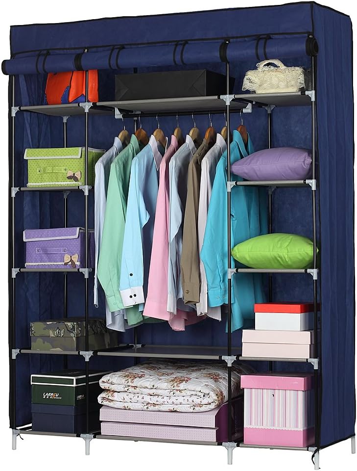 53” Portable Closet Storage Organizer Wardrobe Clothes Rack with Shelves (Blue)