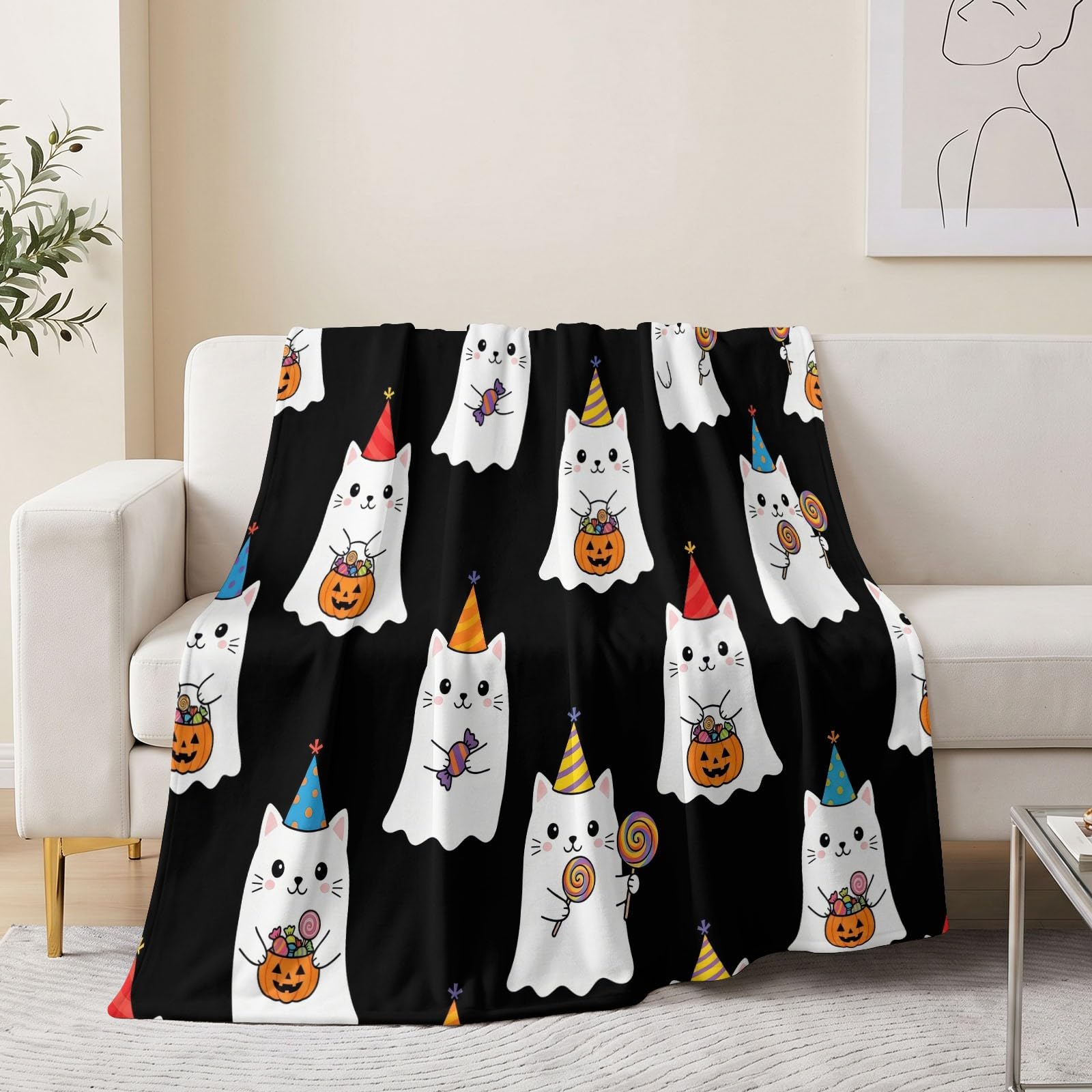 Koc flanelowy dla dzieci, na Halloween, 150 x 200 cm, miękki, pluszowy koc dla nastolatków, dorosłych, z kreskówki, kota, ducha, dyni, lampiona, wiadro, do sypialni, czarny, dekoracyjny koc polarowy