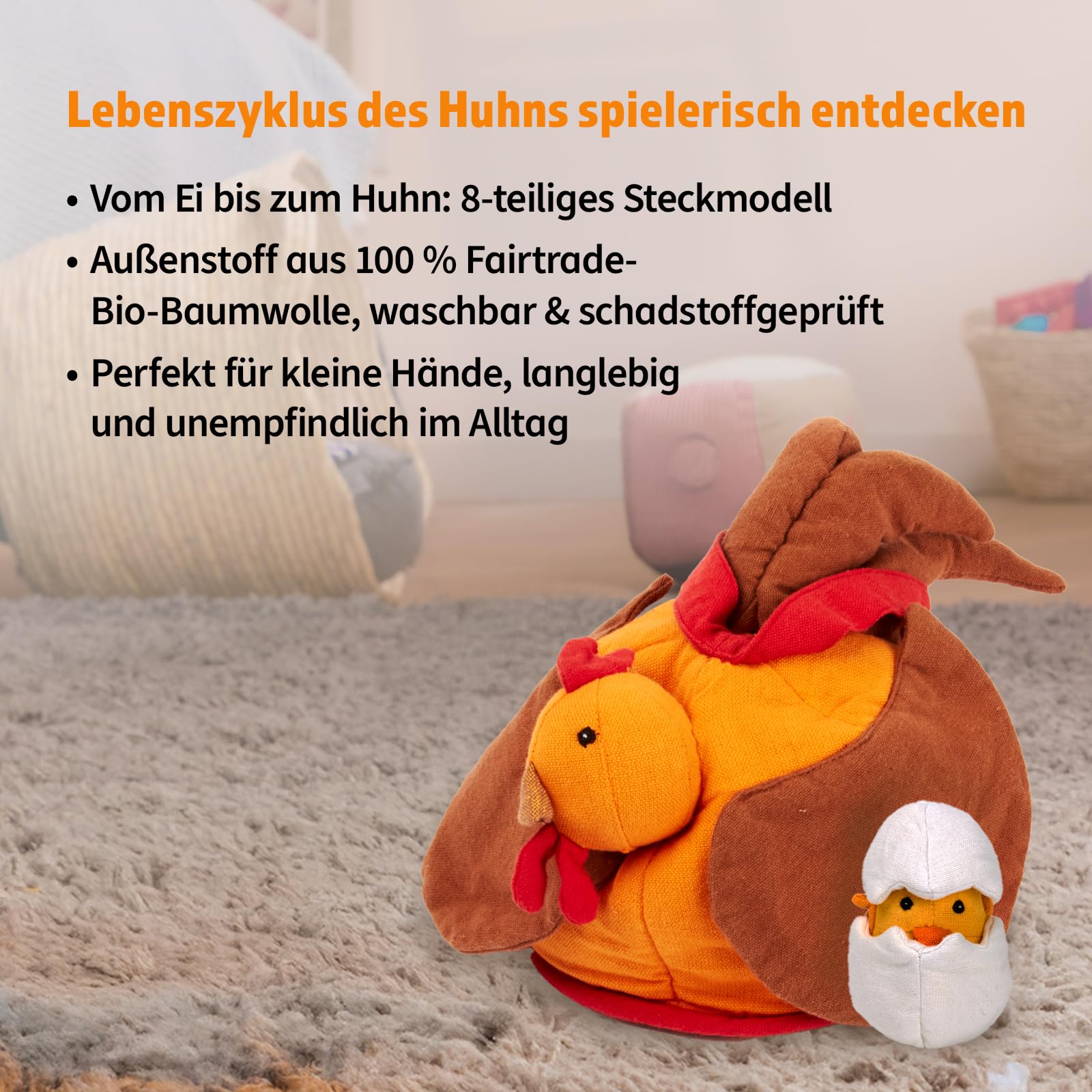 Hagemann Stoffmodell Lebenszyklus Huhn mit Küken – Set, 8-teilig, Außenstoff Fairtrade Bio-Baumwolle | 3 Eier zum Öffnen und Herausnehmen der Küken, Küken & Huhn steckbar | Pädagogisches Lernspielzeug