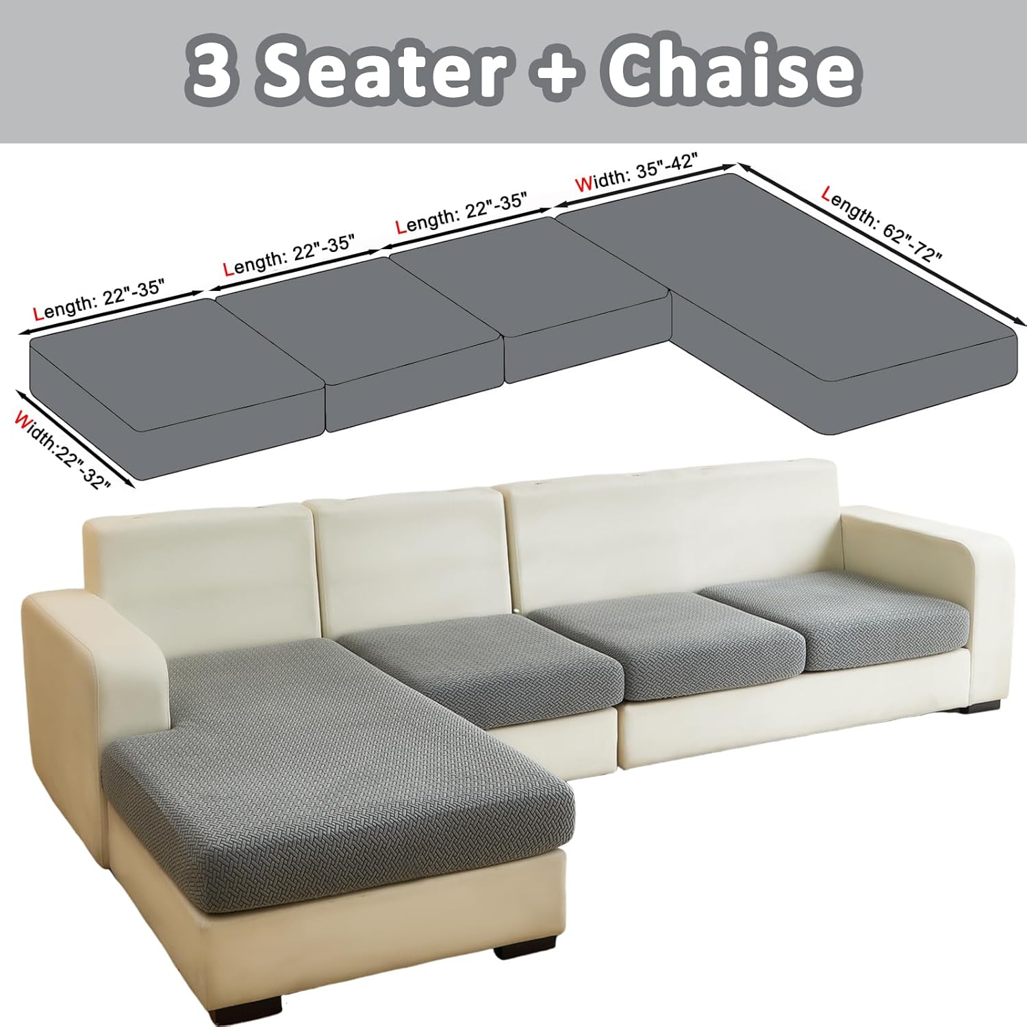 Couch Covers for Sectional Sofa Covers Washable Stretch Pet Couch Cushion Covers L Shape Dog Couch Cover Wear Resistant Anti Slip Sofa Slipcovers (Gray,3 Seater+1 Chaise)
