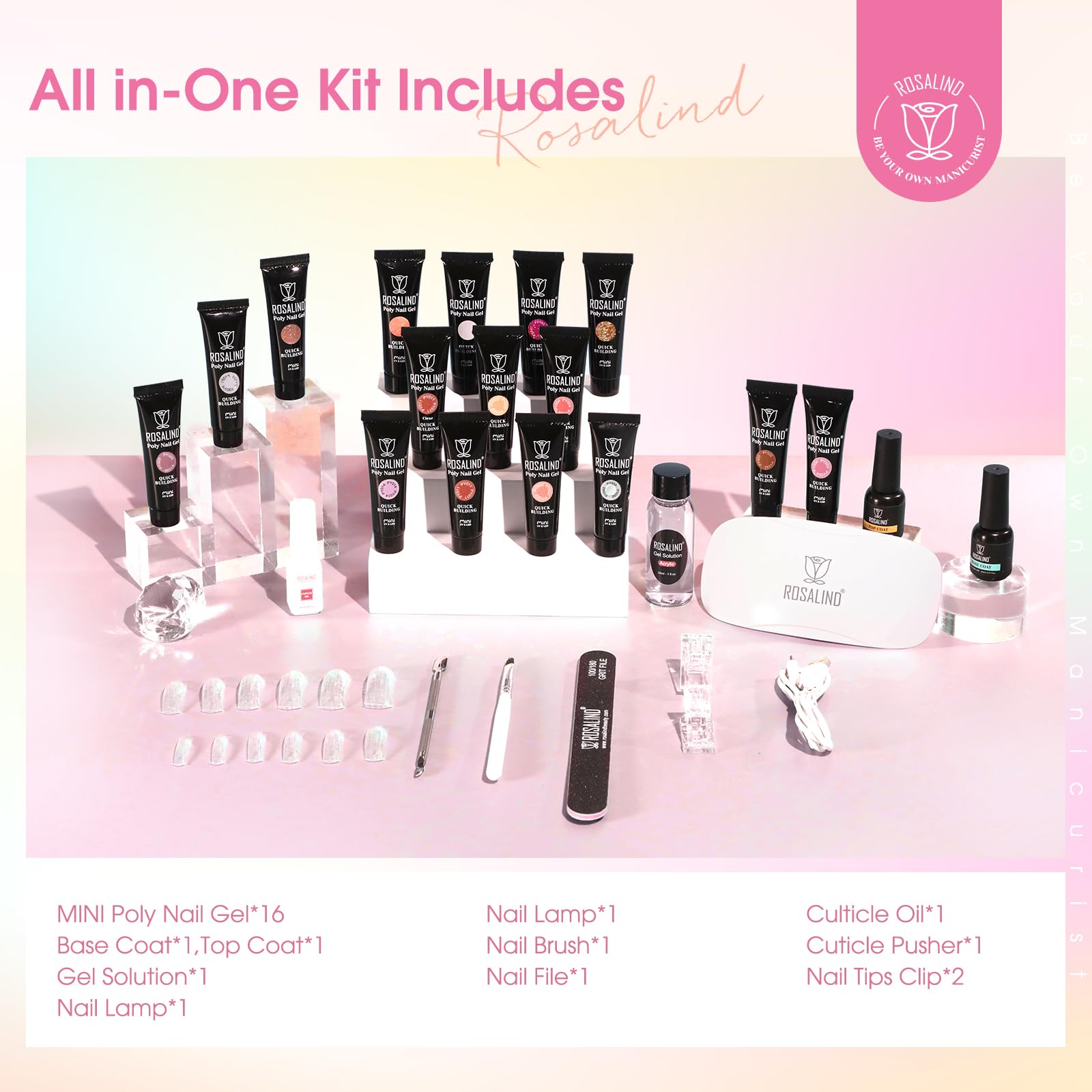 ROSALIND Acrygel Kit Complet, Gel pour Extension d’Ongle 16 Couleurs 10 ml Avec Lampe UV, Base & Top Coat et Outils de Manucure, Gel Construction Ongle UV Set de démarrage pour DIY Nail Art