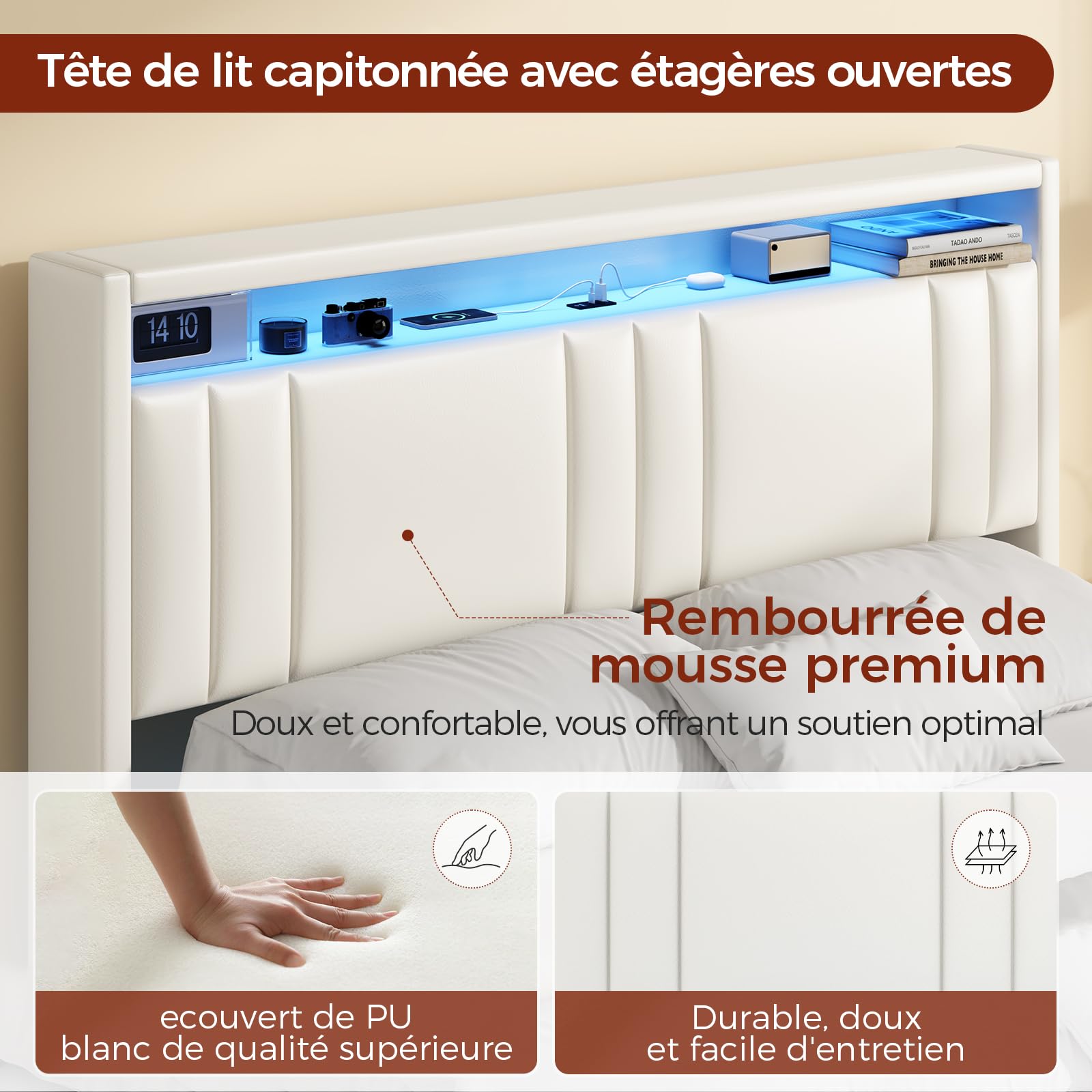 KIMENICH Lit 140x190 cm, Effet Flottant, Lits Double avec LED Réglable, Multiprise et Étagère Ouverte, Cadre de Lit avec Sommier à Lattes, Lits Flottant Rembourré, PU Blanc
