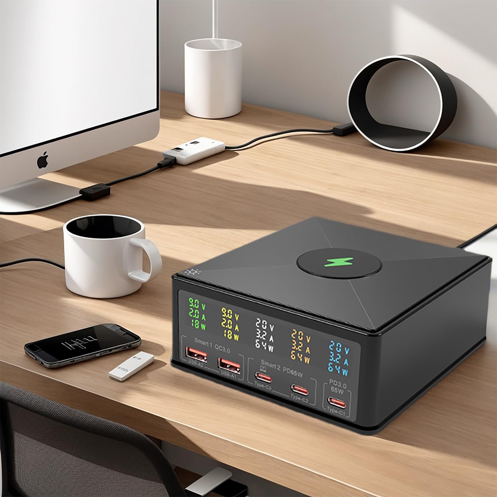 USB Charger Station Multi Port: Desktop 160W Power Fast Charging Hub Wall Block PD 3.0 – 5 Ports with Wireless Pad & Digital Display