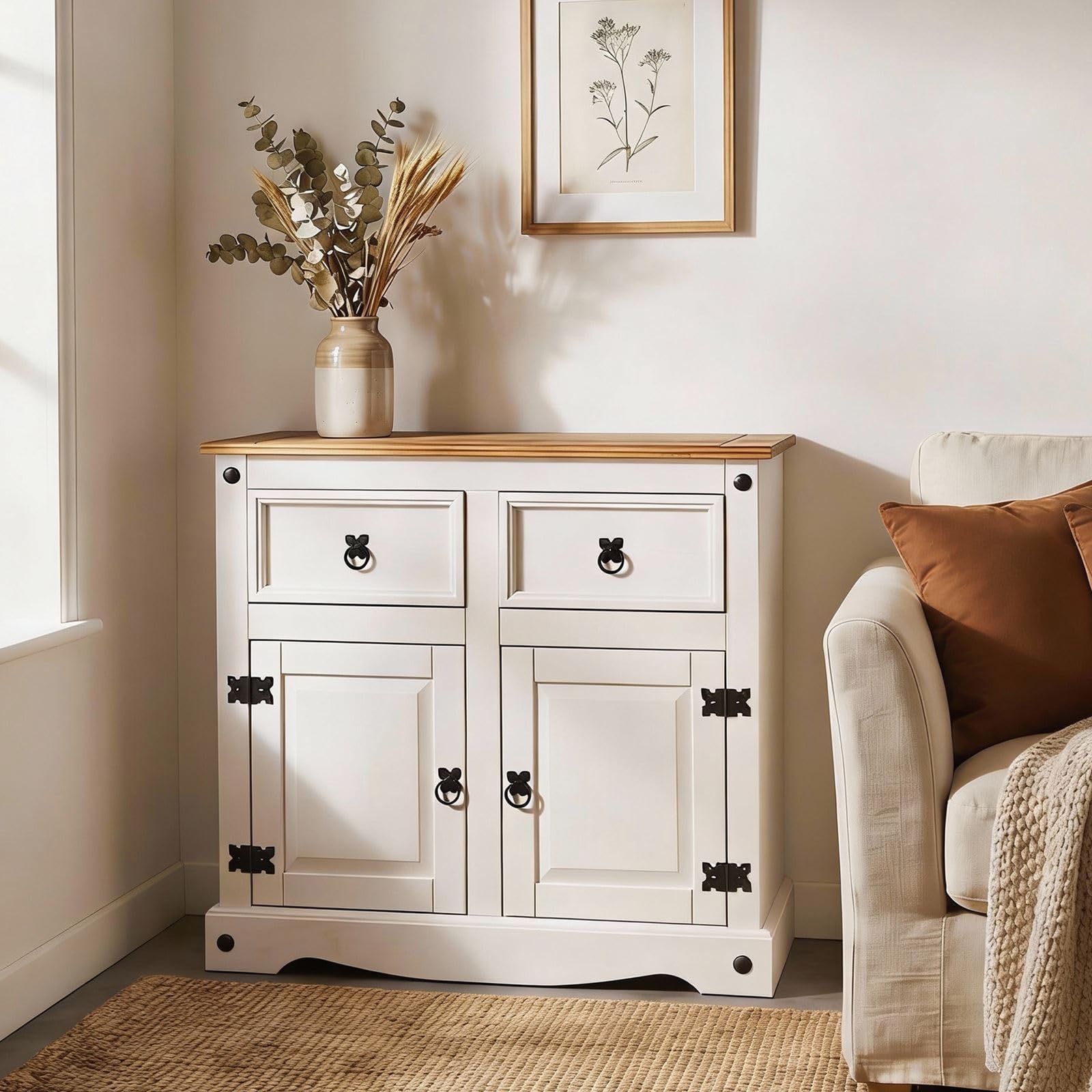 CARO-Möbel Kommode Campo Sideboard Buffetschrank Geschirrschrank Kiefer massiv mit 2 Schubladen und 2 Türen, braun/weiß