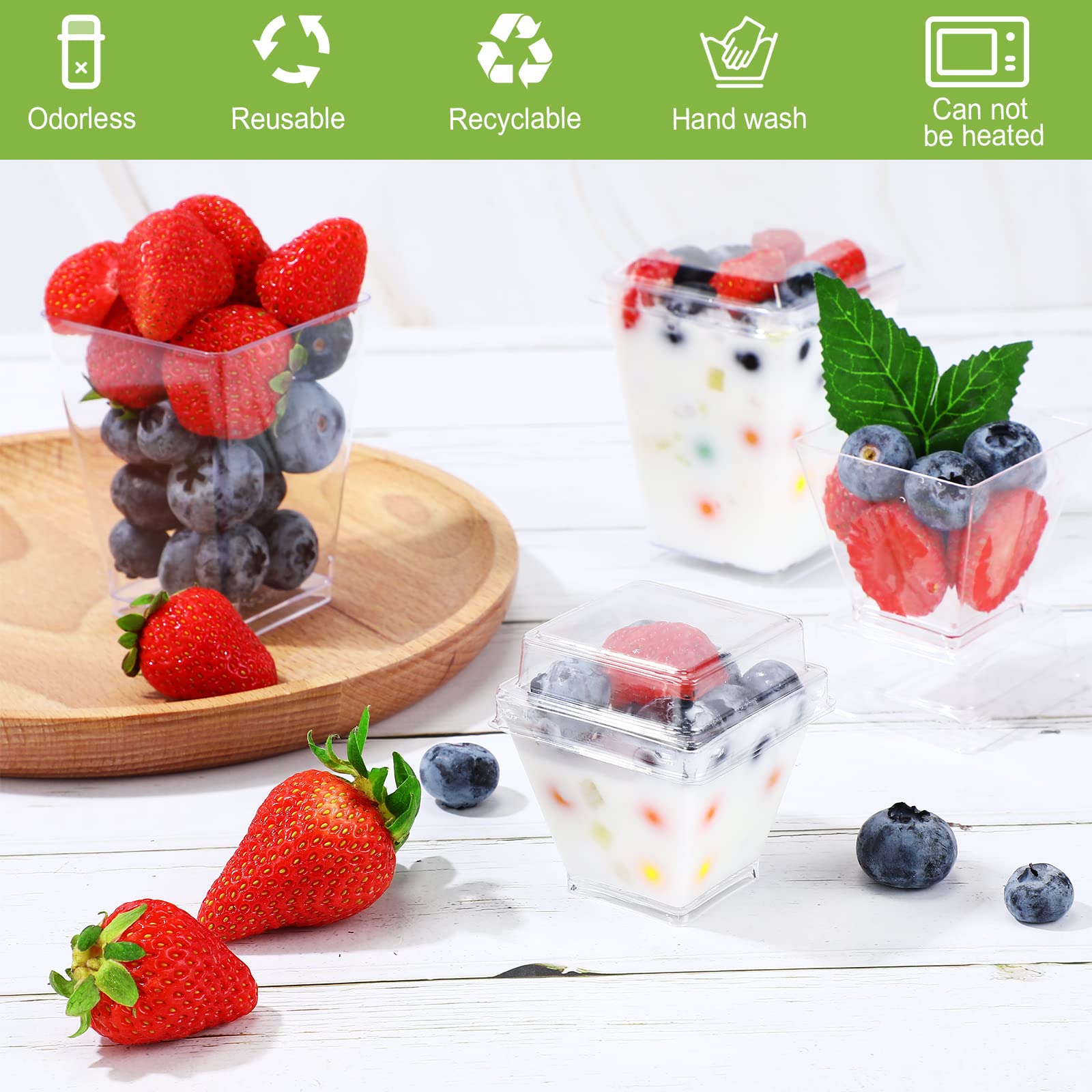Mimorou 200 Pack 2oz Mini Dessert Cups with Spoons and Lids Square Parfait Appetizer Cup Small Clear Dessert Cups Reusable Serving Bowl for Tasting Chocolate Cakes,ice Cream