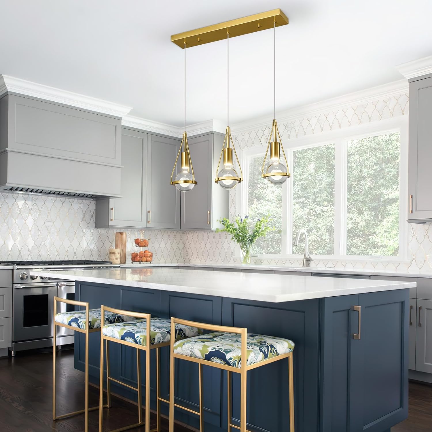 Gold Dandelion Pendant Light in Brushed Brass Finish, 3 Light Modern Crystal Kitchen Island Pendant Lighting Dimmable LED Hanging Ceiling Light Fixture for Kitchen Island Bedroom