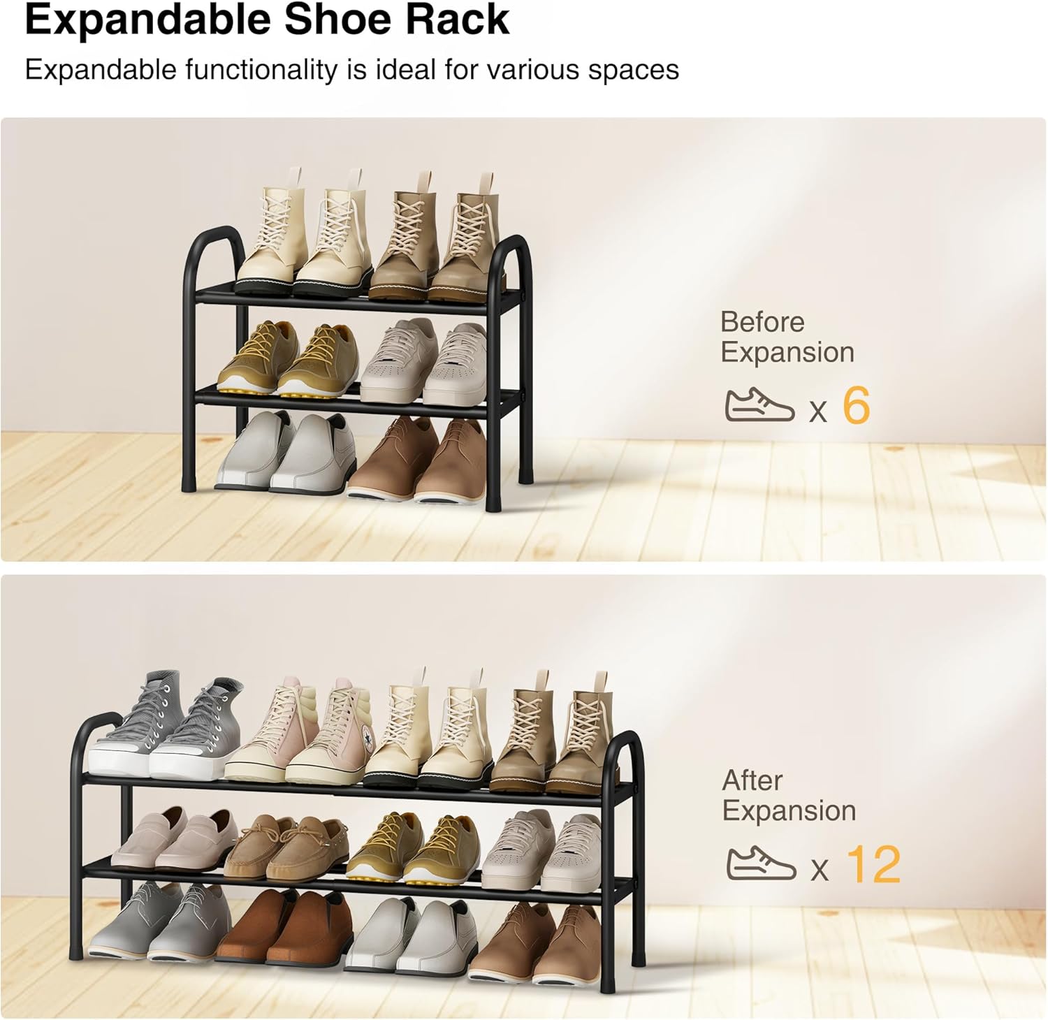 STO STO Expandable Shoe Rack, 2-Tier Metal Small Shoe Rack for Closet, Up to 12 Pairs Adjustable Shoe Rack Storage for Front Door Entrance, Free Standing Shoe Rack Organizer for Entryway, Black