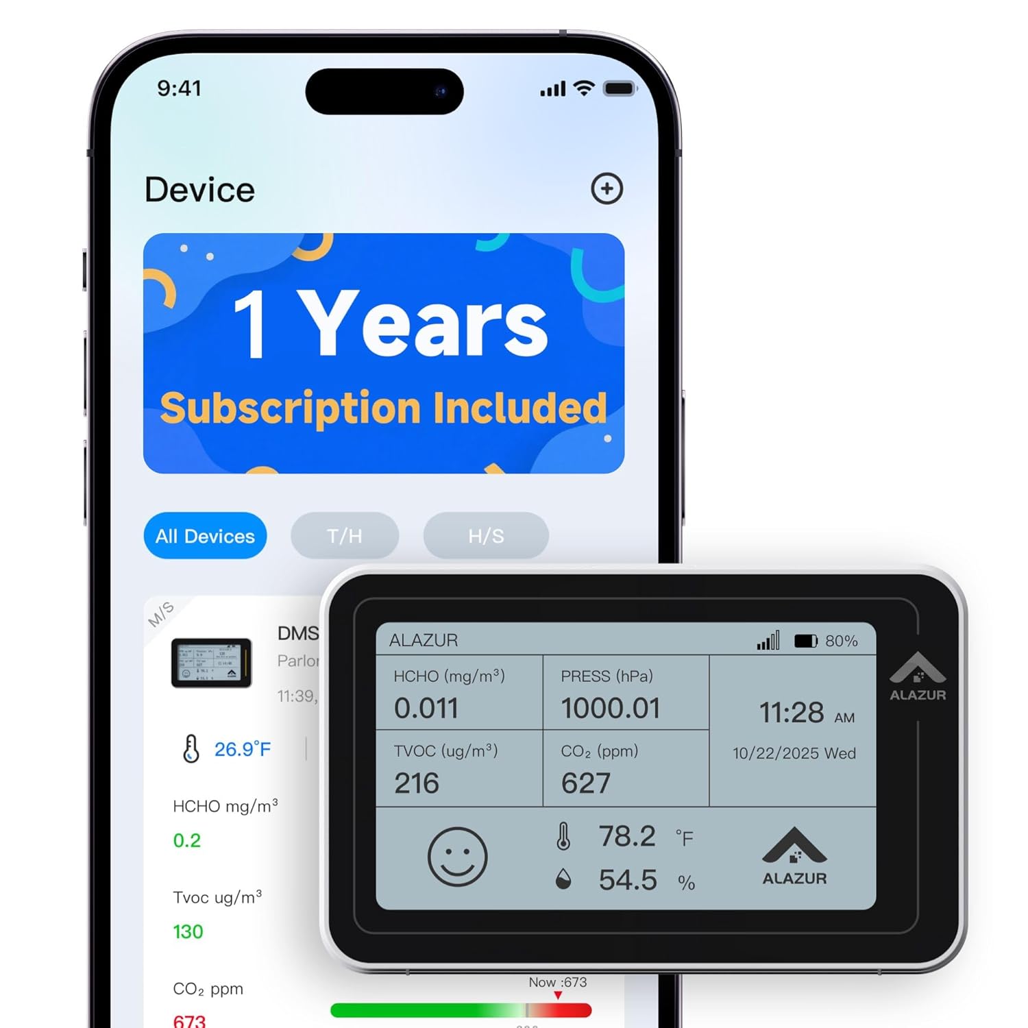 Cellular Indoor Air Quality Monitor (CO₂, HCHO, Temp, Humidity, TVOC, Pressure) with 1-Year Subscription, App-Controlled Smart Air Tester for Vacation Homes, RV Pet Safety, Grow Tents & Travel