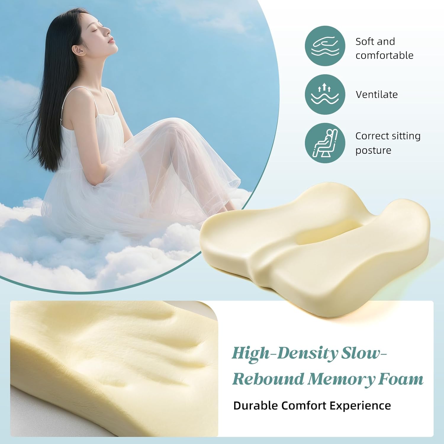 SheRest Seat Cushion, Ergonomic Memory Foam Cooling Cushion, Pressure Relief Suitable for Long Sitting Hours on Office Chairs, Desks, Cars and Airplane Seats, White
