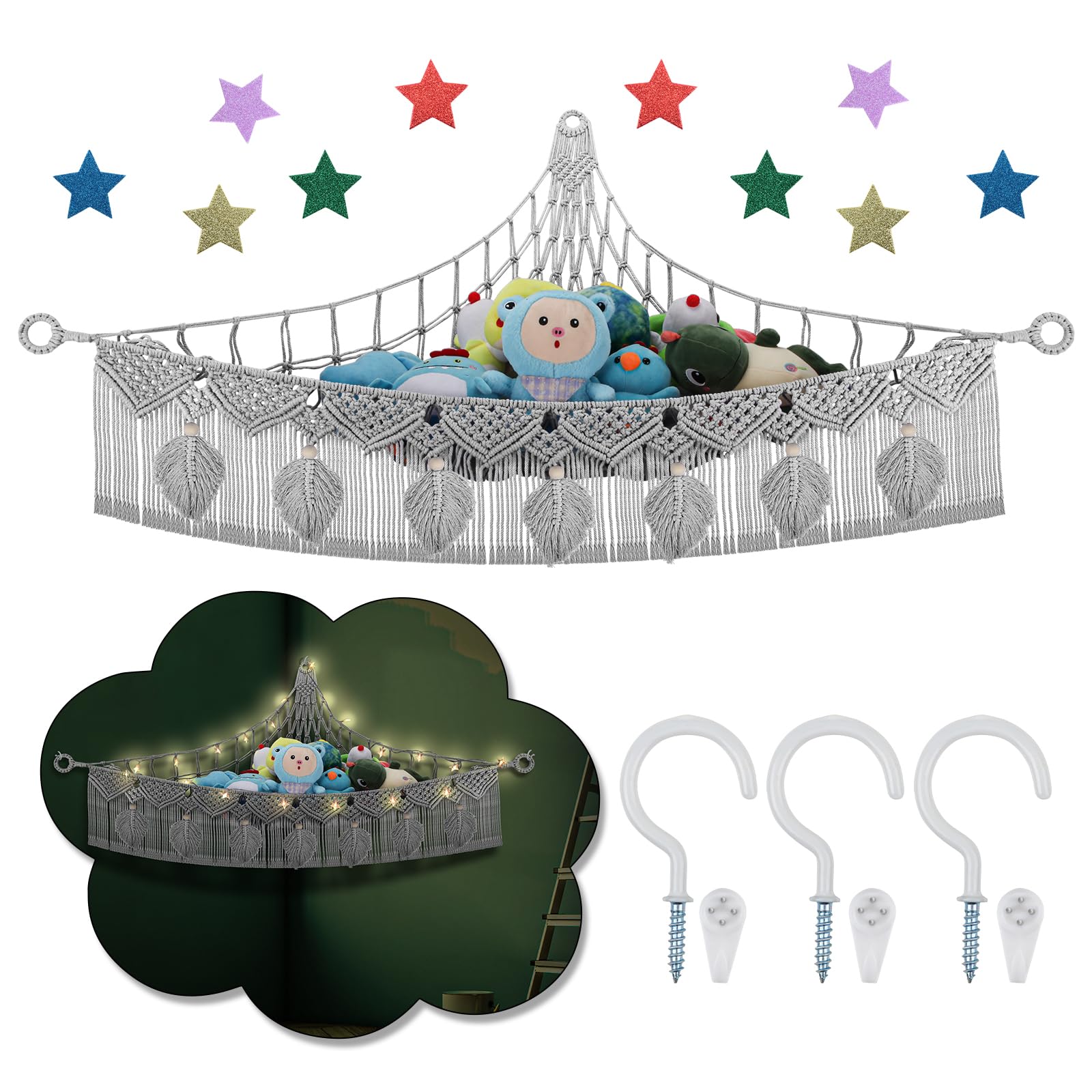 Stuffed Animal Storage Hammock Corner, 56'' Jumbo Hanging Stuffed Animal Net Organizer, Boho Leaf Tassel Corner Toy Storage Wall Mounted, Gray Plush Toy Net w/LED Star Light for Baby Girl Boy Gift