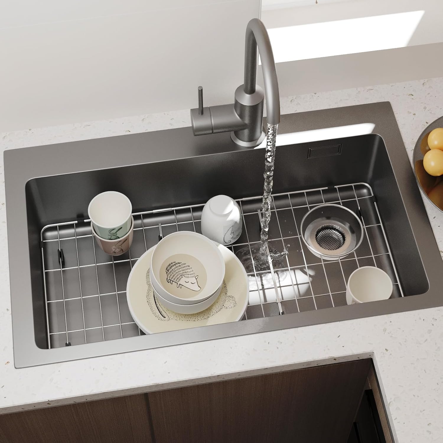 28-1/4" x 14-1/4" x 1-1/4" Stainless Steel Sink Rack for Bottom of Sink, Metal Sink Protectors For Kitchen Sink, Sink Grid, Sink Bottom Grid with Side Drain, Kitchen Sink Grid with Sink Strainer