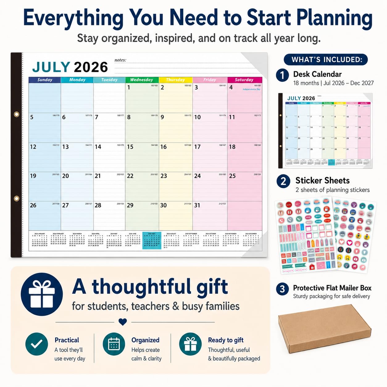 Großer Tischkalender 2026–2027 – Ougesi 18-Monats-Schreibtischkalender 22 x 17 Juli 2026 – Dezember 2027, akademischer Tischkalender groß mit Schutzecke, Aufkleber für Büro, Schule und Zuhause (bunt)