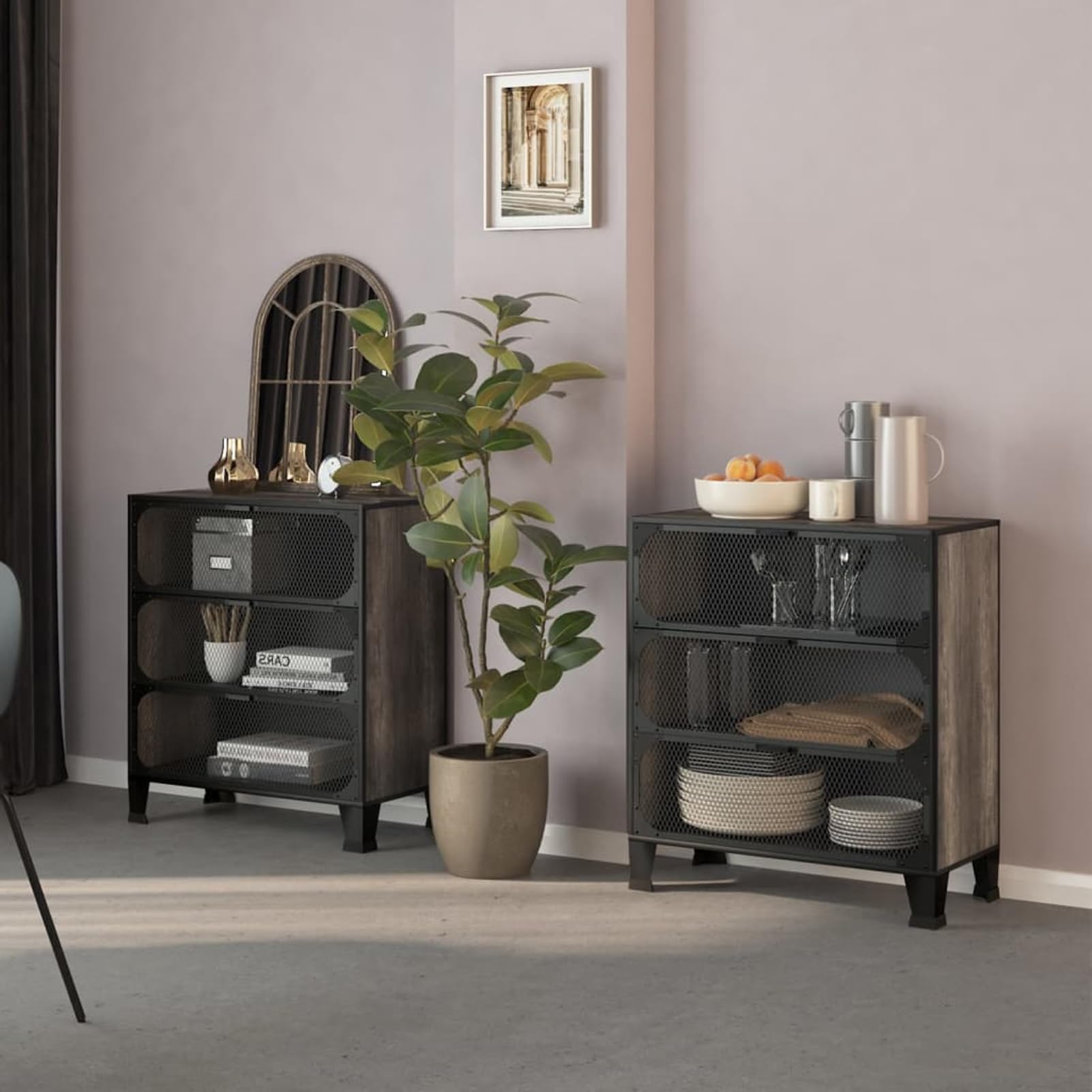 Set di 2 armadi portaoggetti, 72 x 36 x 82 cm, in metallo e MDF, con 3 ante a rete, soluzione robusta per la casa e l'ufficio