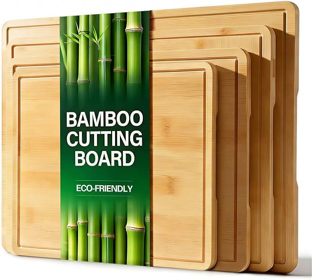 Zarler Planches de coupe de bambou pour cuisine, 4 Planche de coupe en bois durable avec rainures et poignées de jus, ensemble de planche à découper en bois pour la préparation des repas, XL Taille, cadeau de cuisine idéal