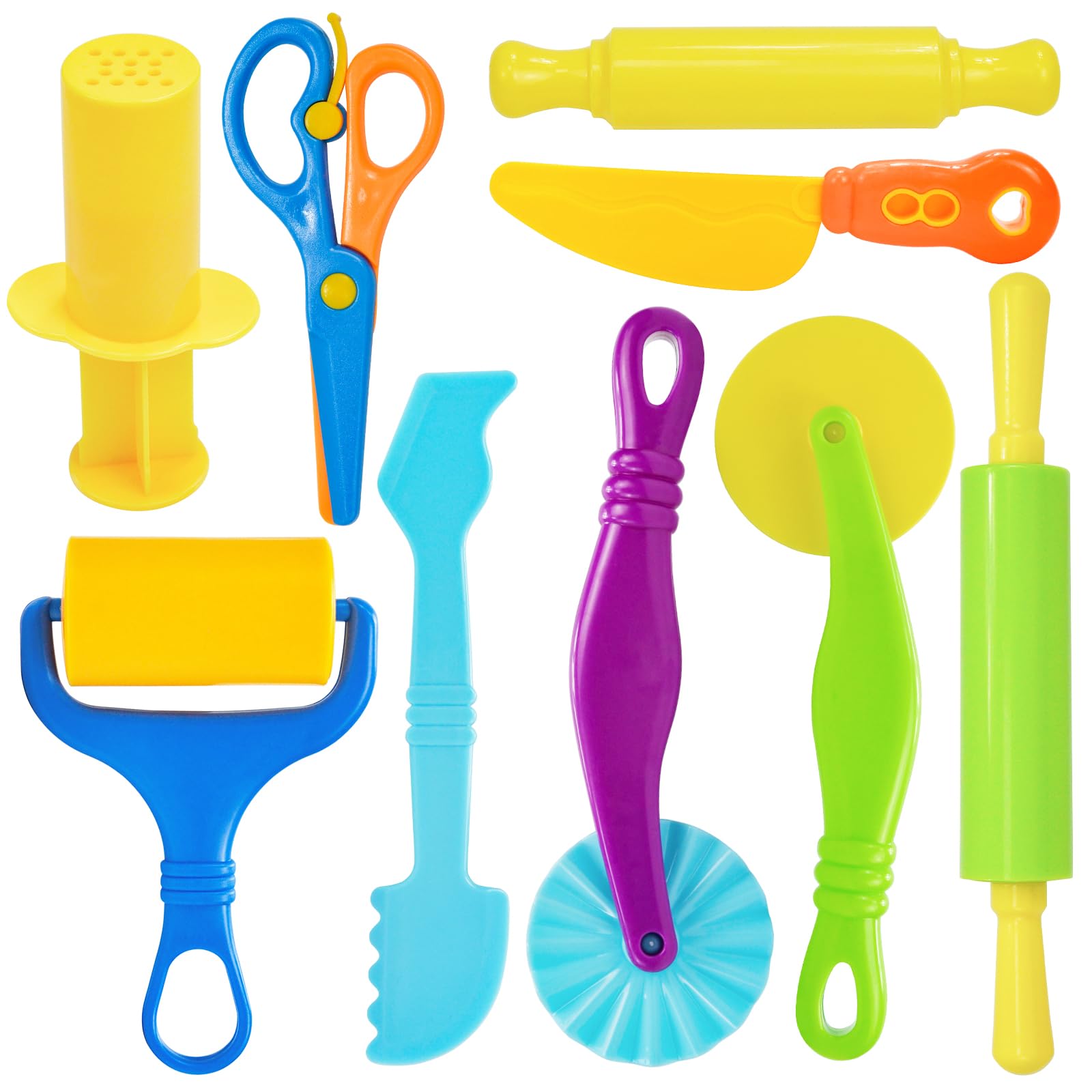 Wxqfumy Dough Tool Set, 9 Pcs Basic Dough Tools Kits for Kids, Dough Accessories Includes Cutters Roller, Rolling Pins, Safety Scissors, Plastic Knife