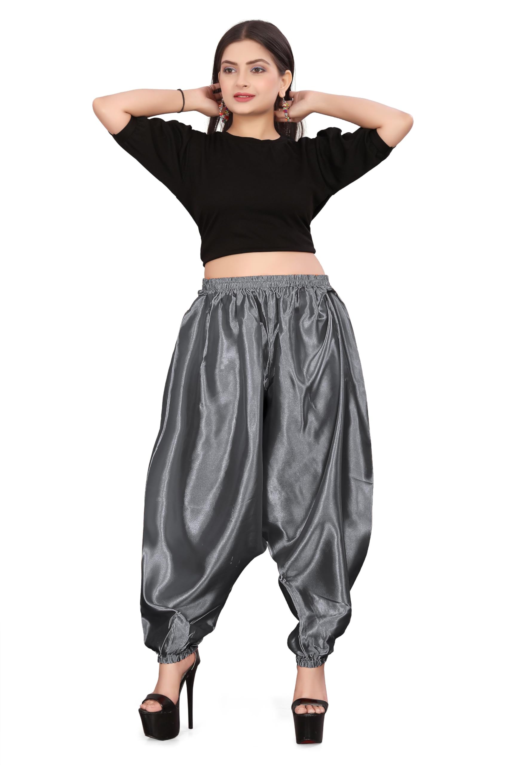 MEEK MERCERY BY KF Satin Belly Dance Harem Boohoo Pant – Elastic Waist, S to 5XL – 41 Colours – Flowing Performance Costume for Stage, Bollywood, Cosplay, Festival & Lounge Wear Gray