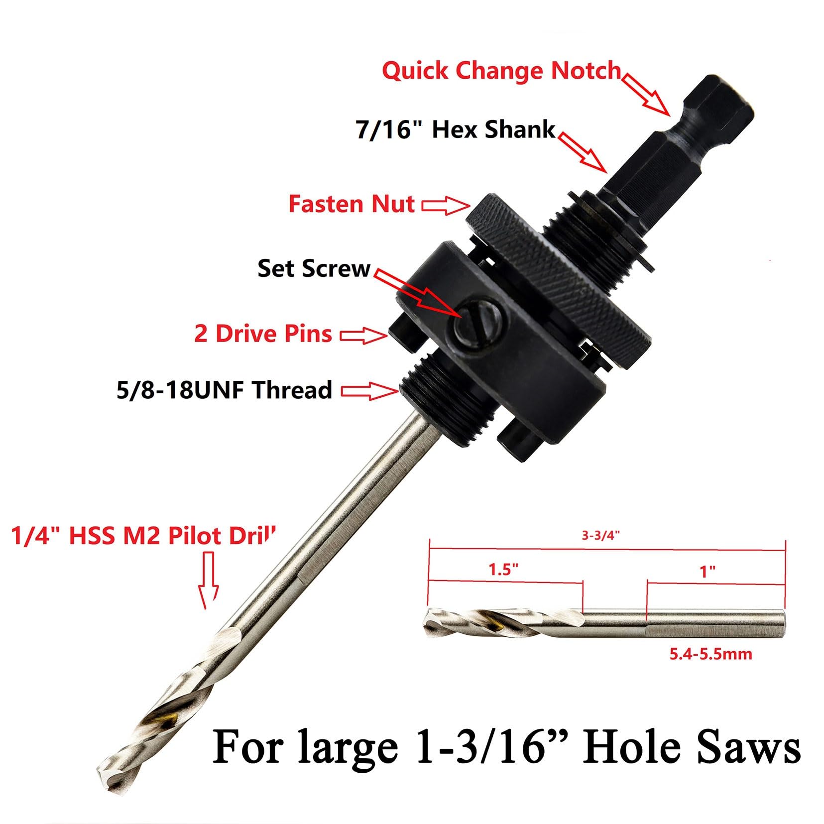 MaxTool Sierra de corona hexagonal de 7/16 pulgadas de 11 mm de cambio rápido para taladros piloto para sierras de corona de corte profundo; BA24H1082-Q35L