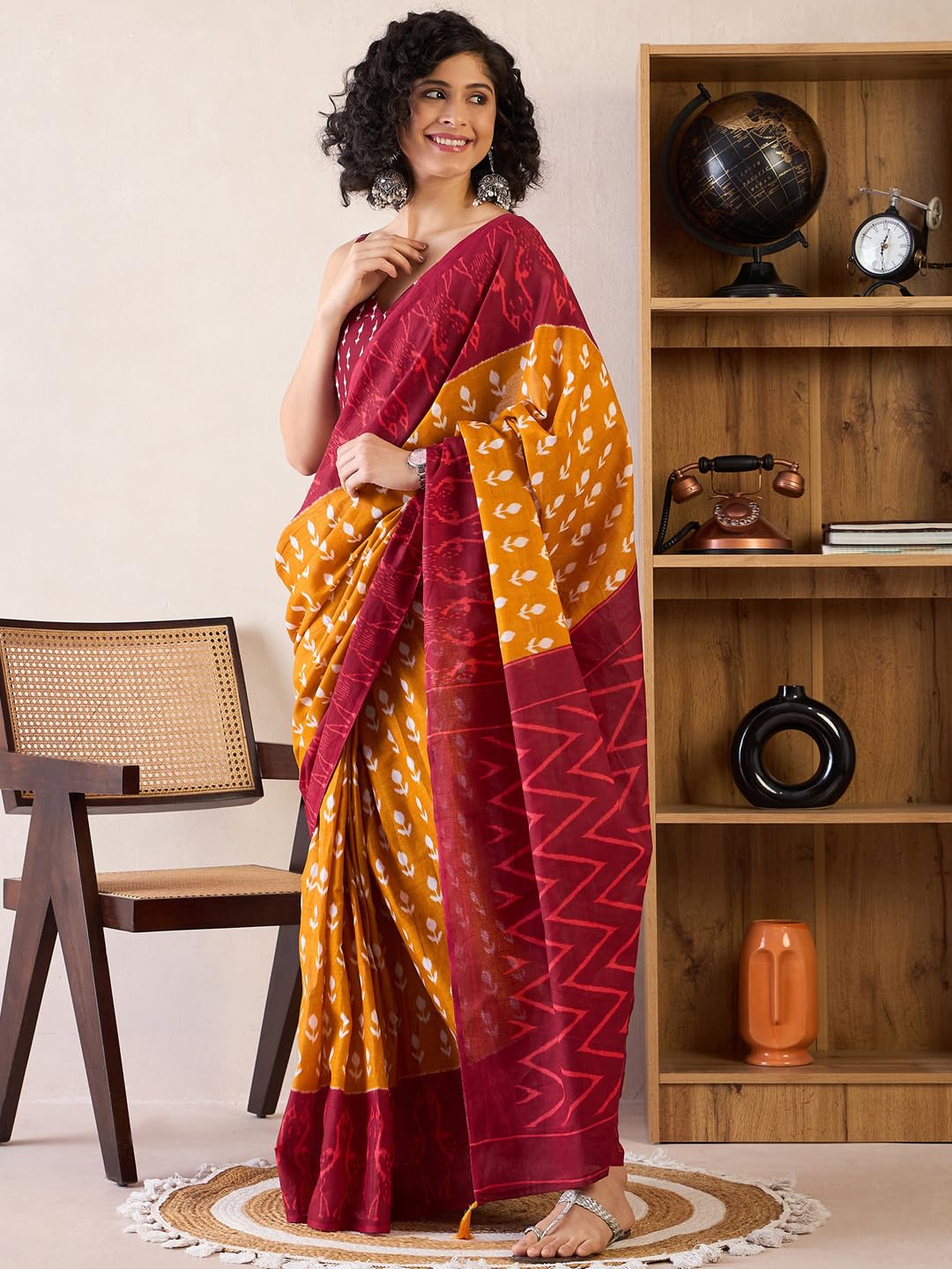 SAREE MALL Women's Mustard Cotton Bagh Printed Ready To Wear one Minute Saree With Unstitched Blouse Piece(RTWMINAXI6503_SMC) 2