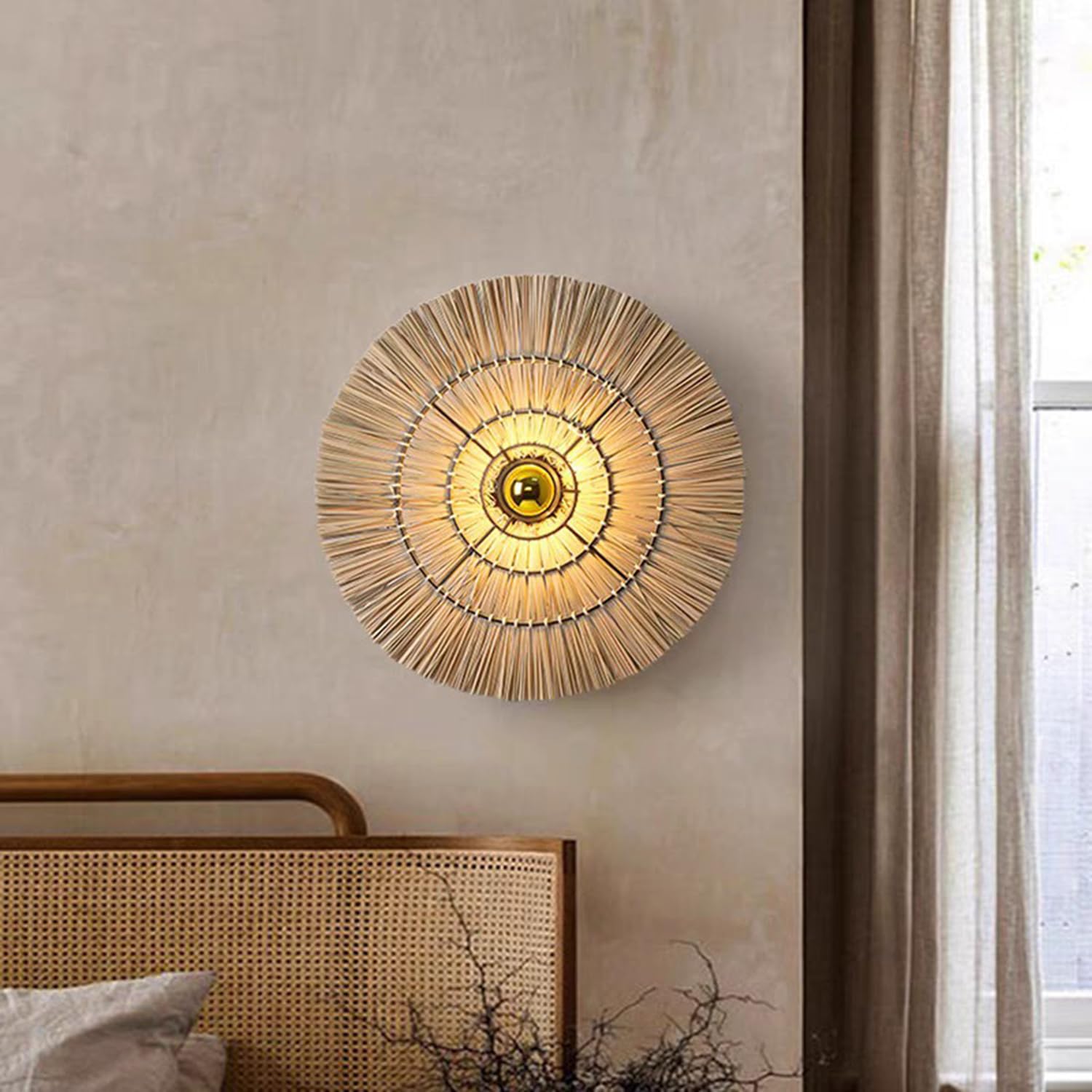 Boho Kinkiet okrągły 40 cm Rustykalny kinkiet wewnętrzny z ręcznie tkanym abażurem E27 Vintage Lampa Lampka nocna Kinkiet 3000K Ciepłe światło do sypialni, salonu, przedpokoju