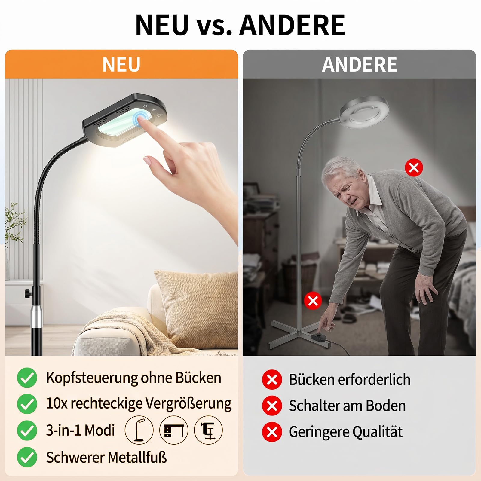 10X Lupenleuchte mit Licht und Standfuß - LED Schwanenhals Standlupe Klemme | 3 in 1 Lupenlampe 5 Farbmodi Stufenlos Dimmbar,142cm Höhenverstellbare Schreibtischlampe mit Lupe für Senioren Lesen Handwerk