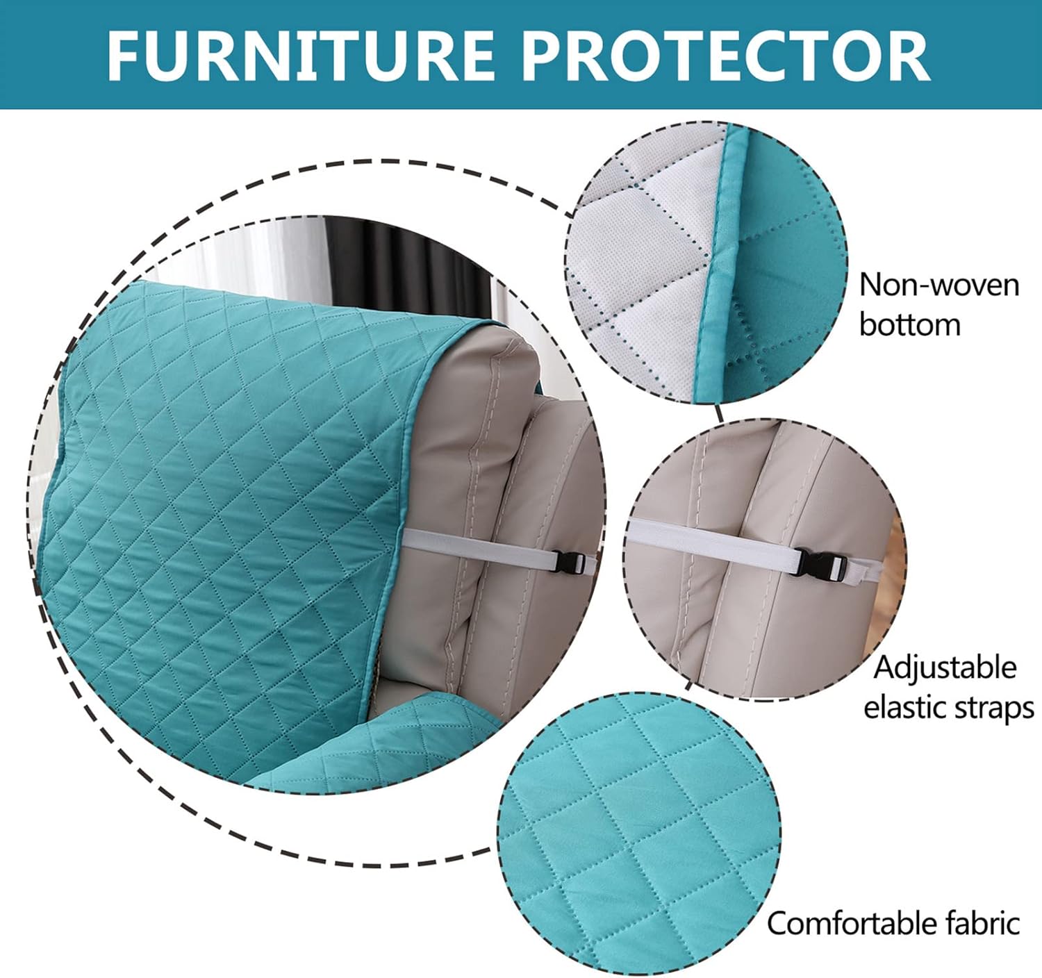 Recliner Chair Cover Reversible Quilted Reclining Sofa Slipcover Armchair Cover Furniture Protector with Elastic Straps (Teal)