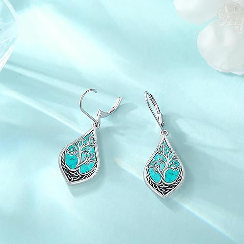 Vista 4 de Eusense Aretes colgantes de plata de ley para mujer, árbol de la vida, animales, piedra lunar, turquesa, aretes de palanca