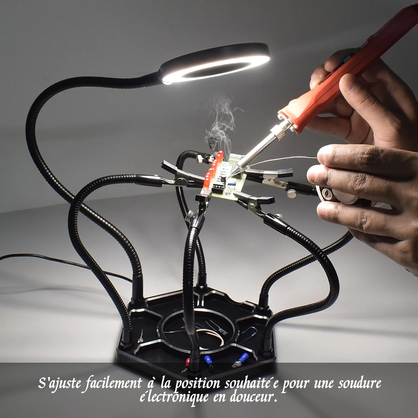 Geevorks Troisième Main Soudure, Troisième 3eme Main avec 6 Bras Flexibles Réglables, Loupe 3X LED pour Réparation Électronique, Modélisme et Loisirs Créatifs