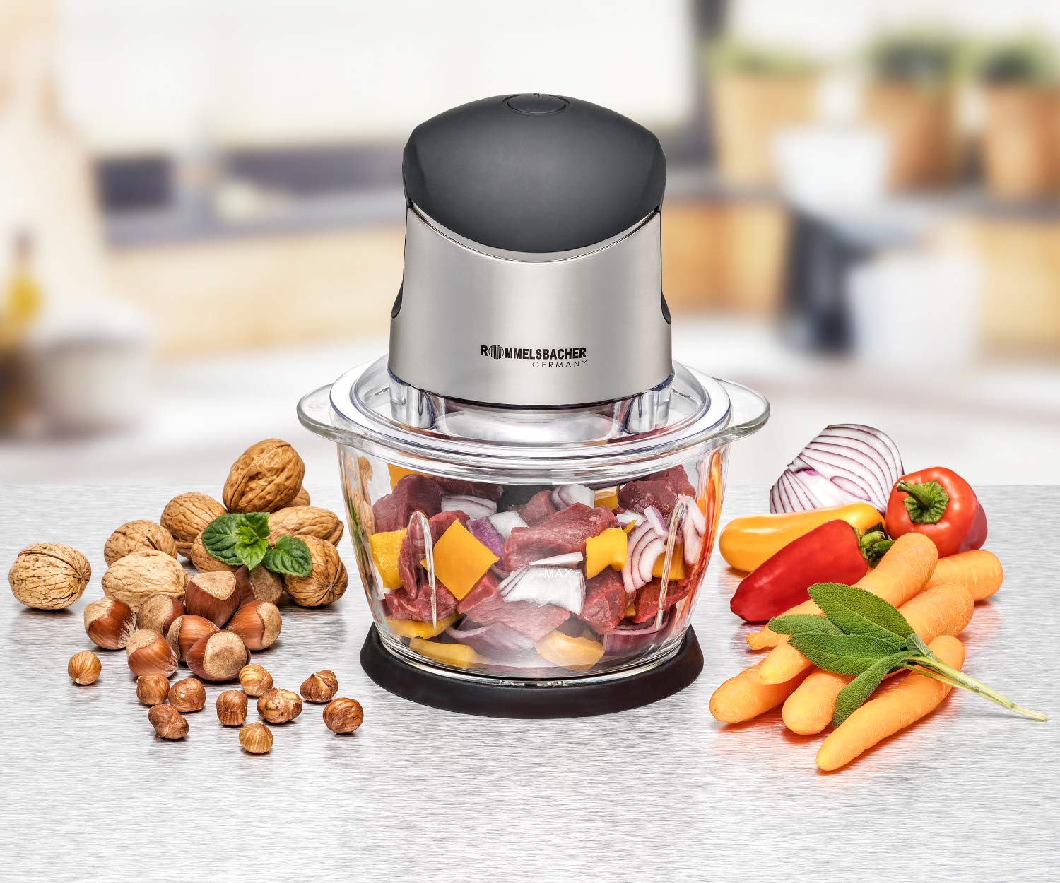 ROMMELSBACHER Hachoir multifonction MZ 400 – Moteur puissant, lame spéciale à 4 lames en acier inoxydable, récipient en verre 1 litre, noir/chrome brossé, 400 W