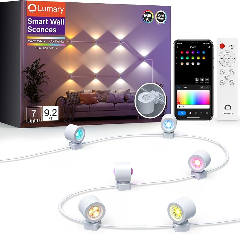 Lumary Smart RGBAI Wall Sconces, 180° Rotation with 14 LEDs, 9.2 FT, Timer | Up/Down Glowing, DIY Light Color, Music Sync, 49 Scenes, Works with Alexa/Google Home, Bedroom/Game/Living Room Wall Decor