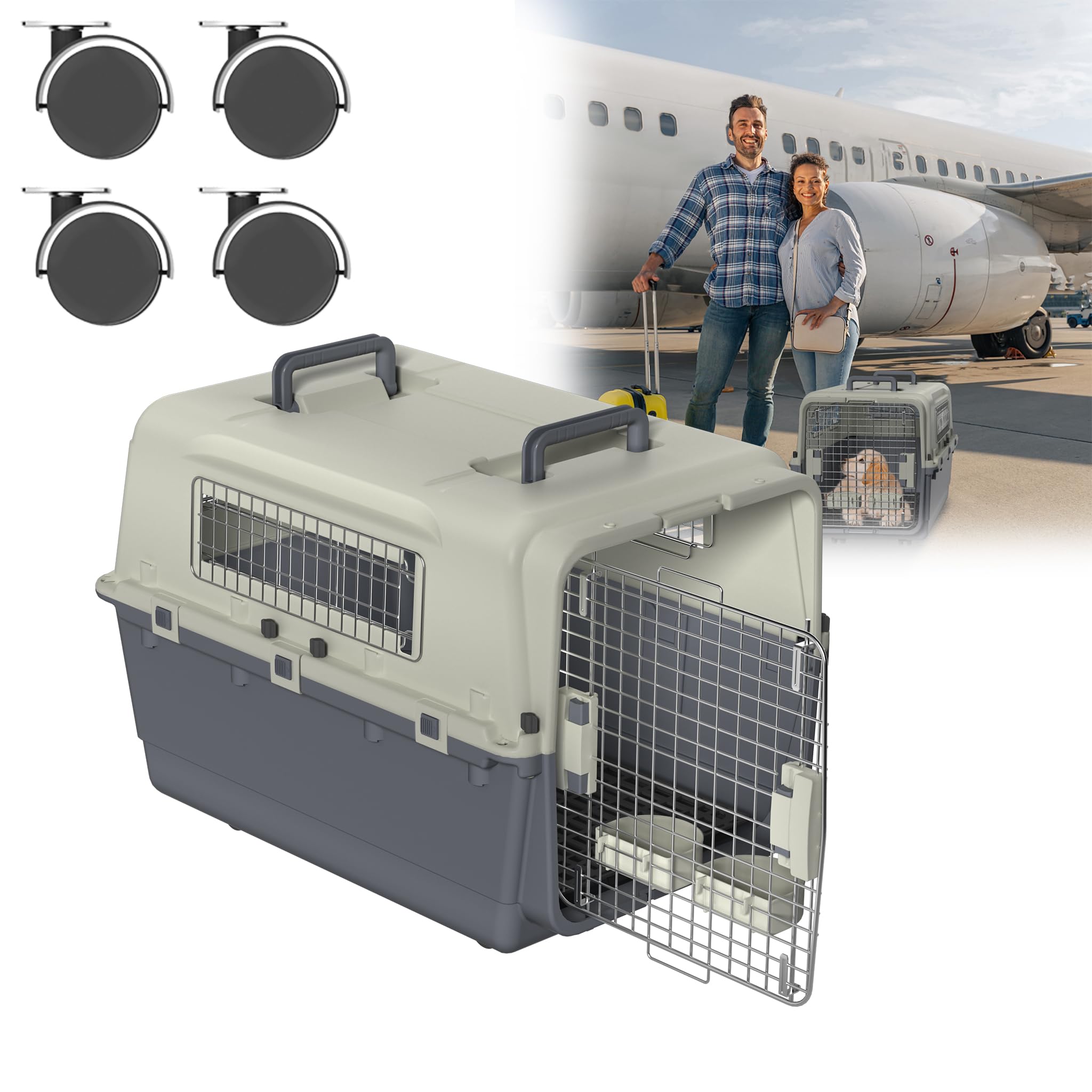 HENGMEI Transport Box, Dog Transport Box, for Small Dogs and Cats, Rabbits, Plastic, Cat Bed, Pet Transport Box with Door, Ventilation Slots, Urine Barrier, Bowls, Transport Wheels, 67 x HENGMEI Transport Box, Dog Transport Box, for Small Dogs and Cats, Rabbits, Plastic, Cat Bed, Pet Transport Box with Door, Ventilation Slots, Urine Barrier, Bowls, Transport Wheels, 67 x