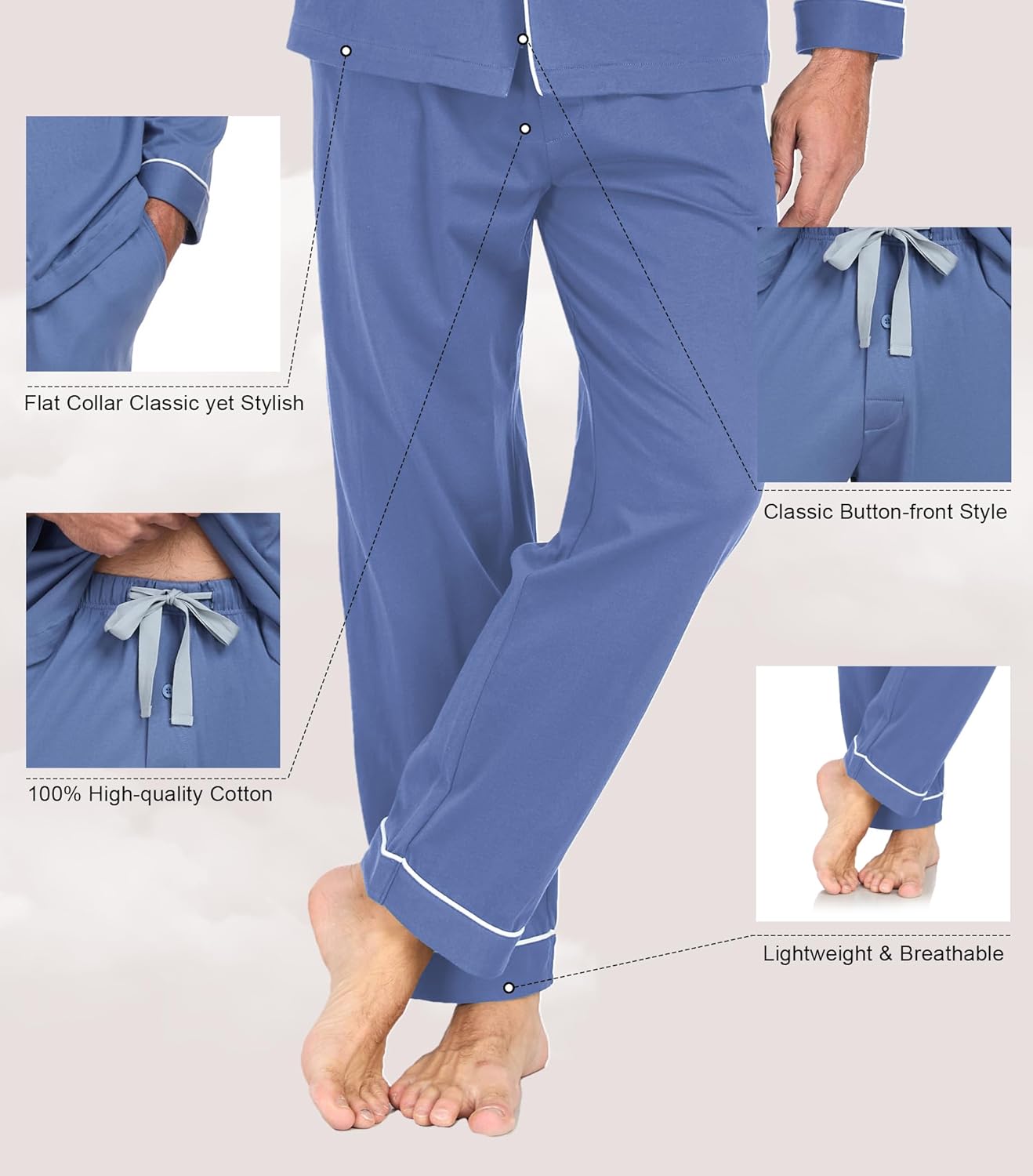 EA'S SECRET Men's Cotton Pajamas Set Button Down Pjs Set for Men Long Sleeve Knit Sleepwear Loungewear with Pockets - Image 3